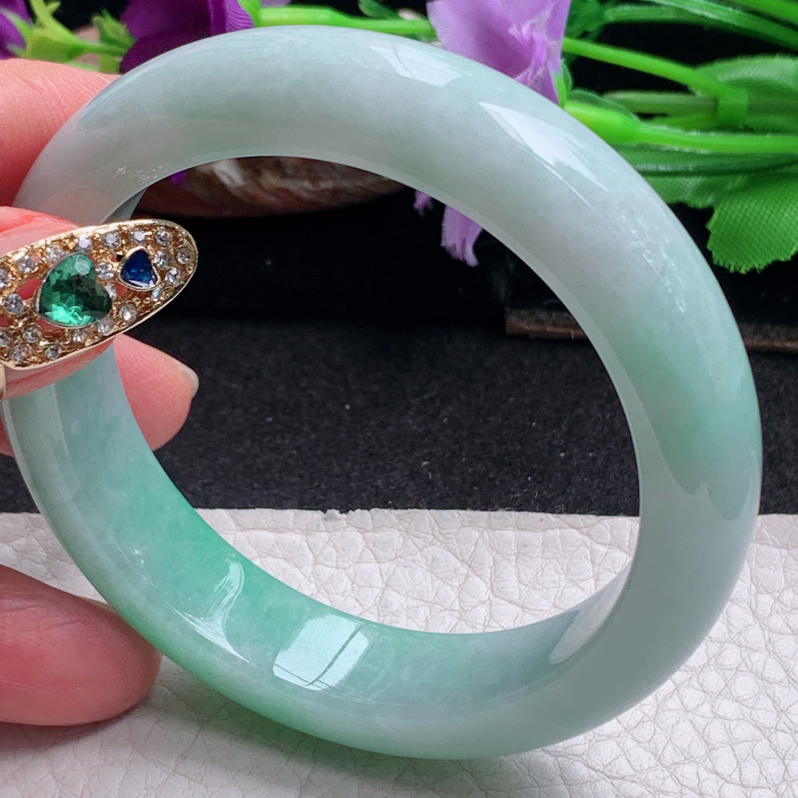 ll白底青54.5*13*8.3平安镯 天然缅甸翡翠a货手镯飘绿正圈玉镯子