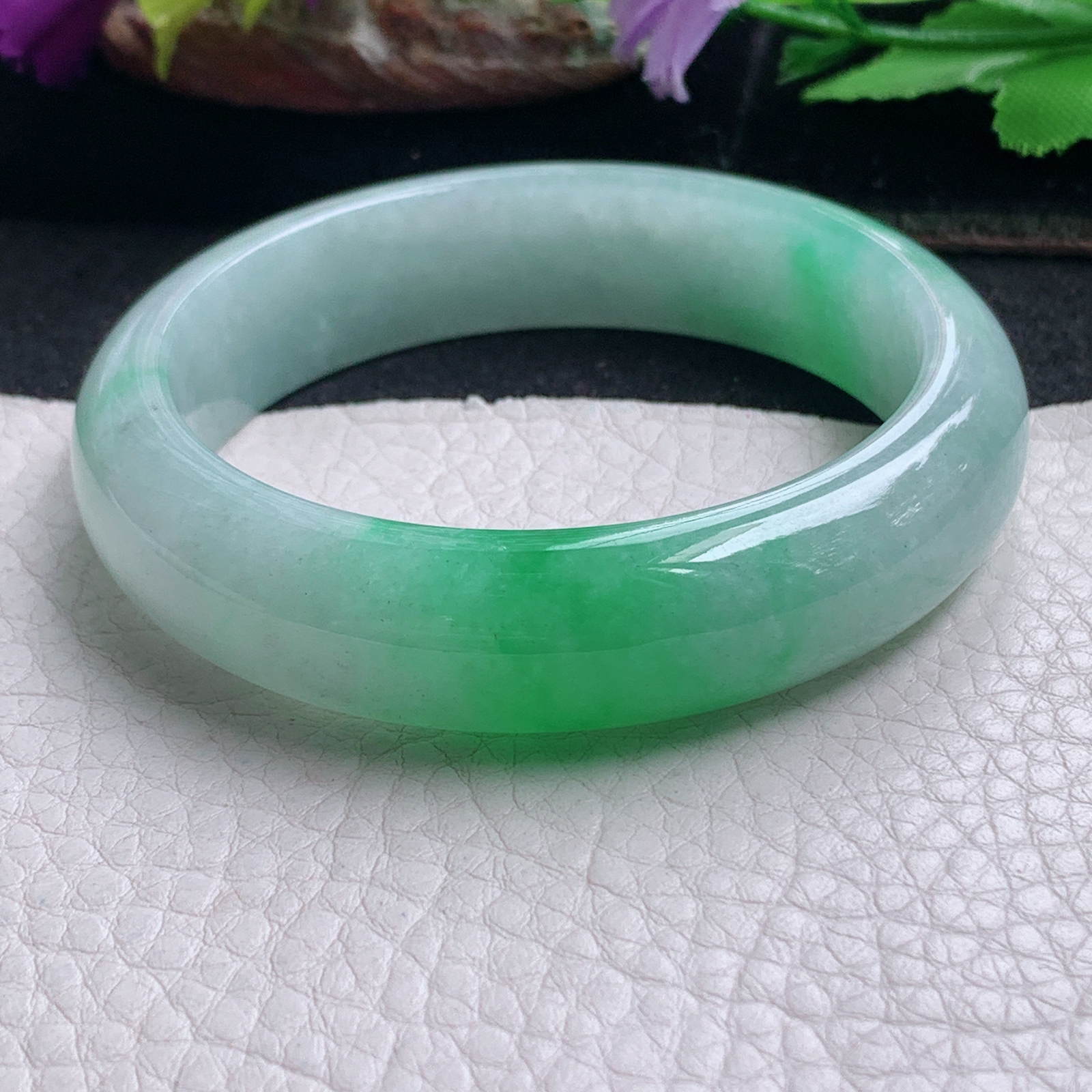 ll白底青55.5*14.3*7.8平安镯 天然缅甸翡翠a货手镯飘阳绿正圈玉镯子