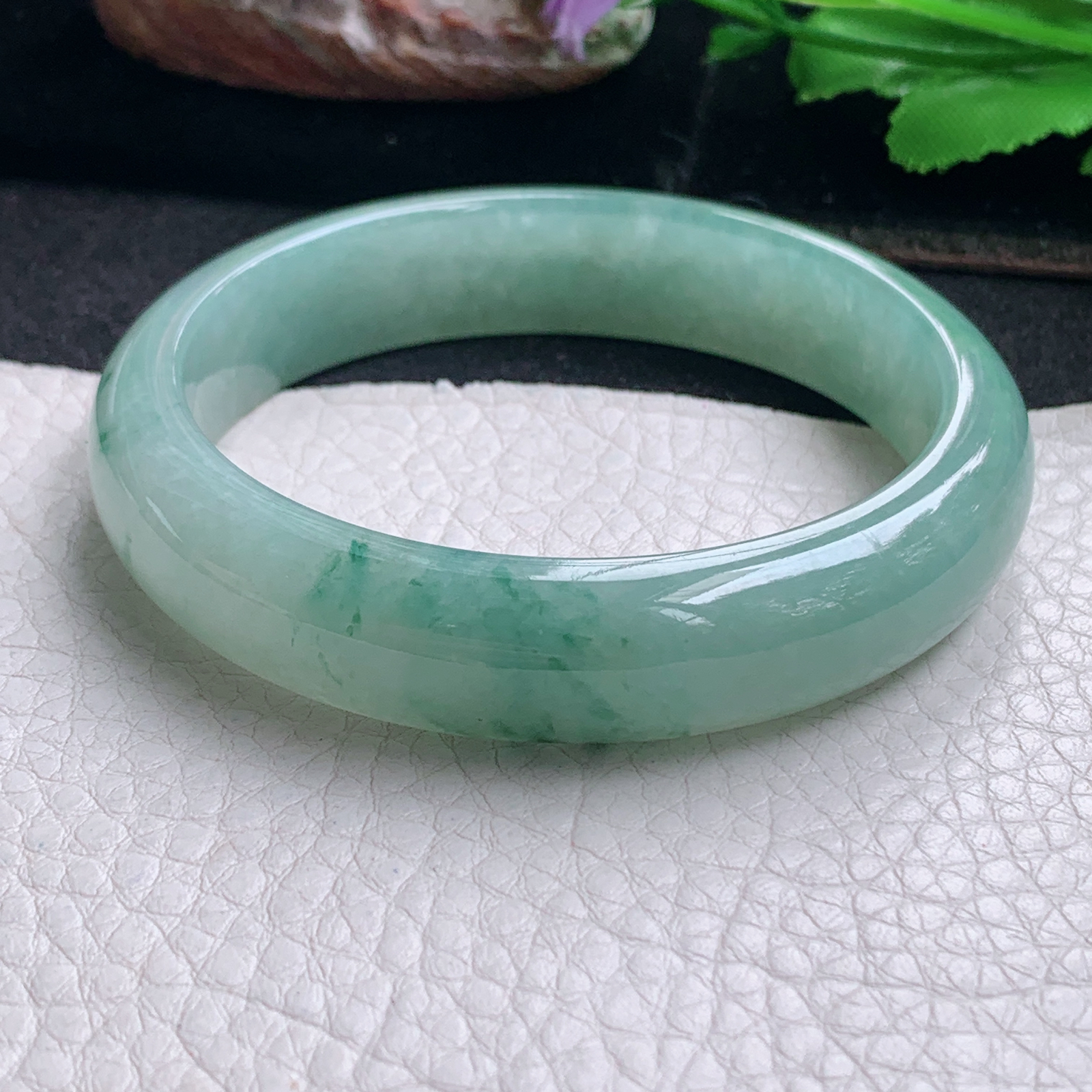 ll飘逸款57.3*13.5*7.5平安镯 天然缅甸翡翠a货手镯冰飘花正圈玉镯子