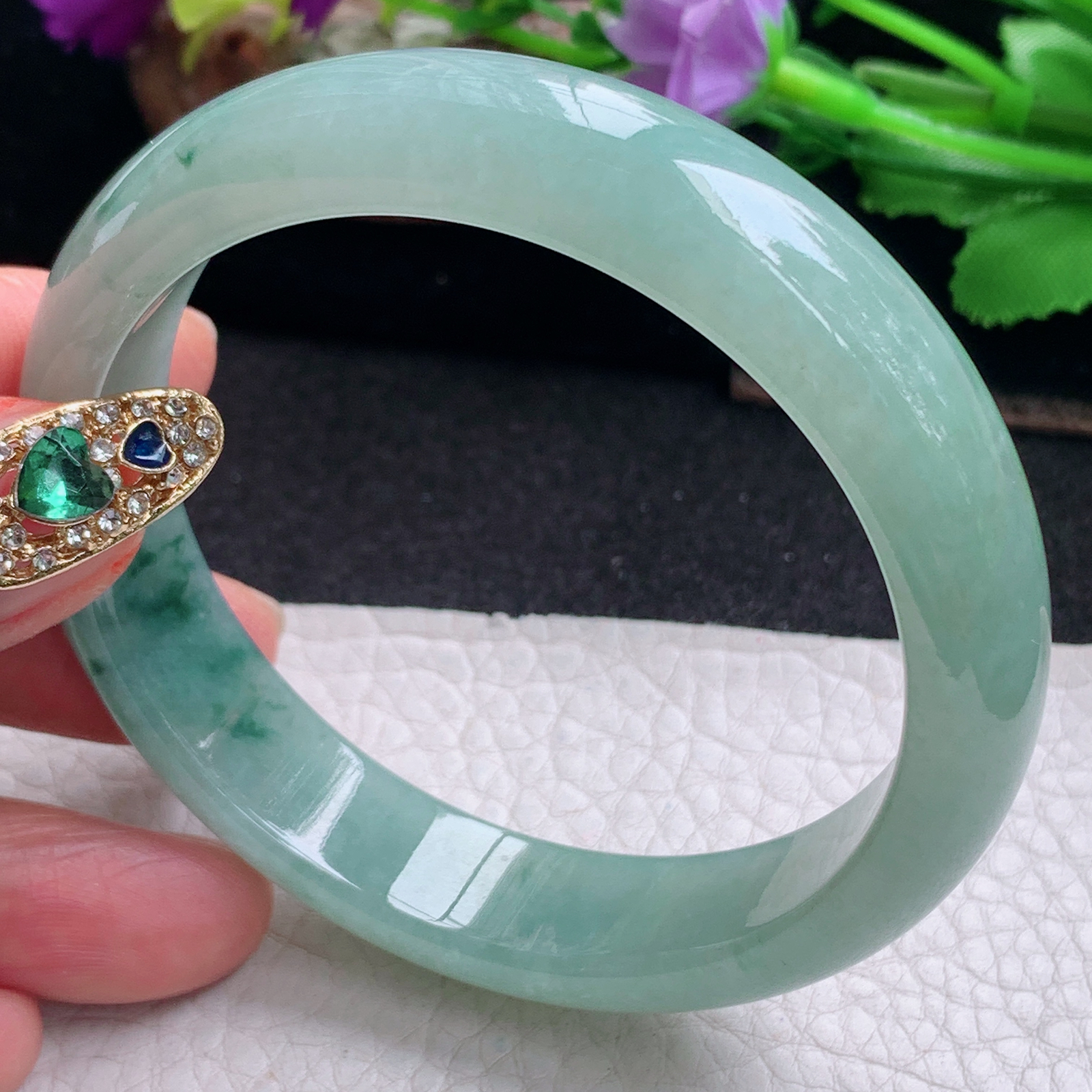 ll飘逸款57.3*13.5*7.5平安镯 天然缅甸翡翠a货手镯冰飘花正圈玉镯子