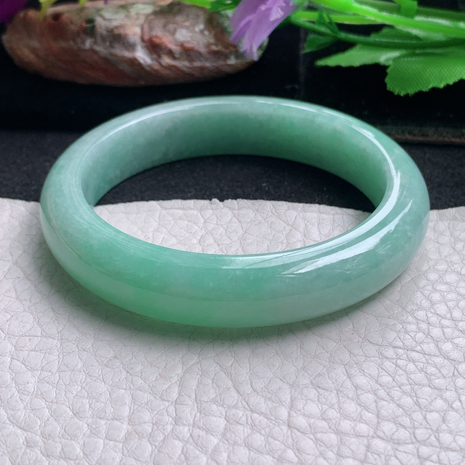 nr清新款54*12*8平安镯 天然缅甸翡翠a货手镯飘绿宽边正圈玉镯子