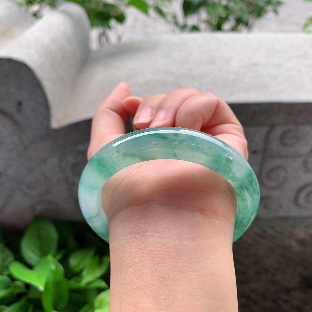 圈口57.8-12.8-8.8 【冰种飘绿花正圈手镯】正圈57 58可戴