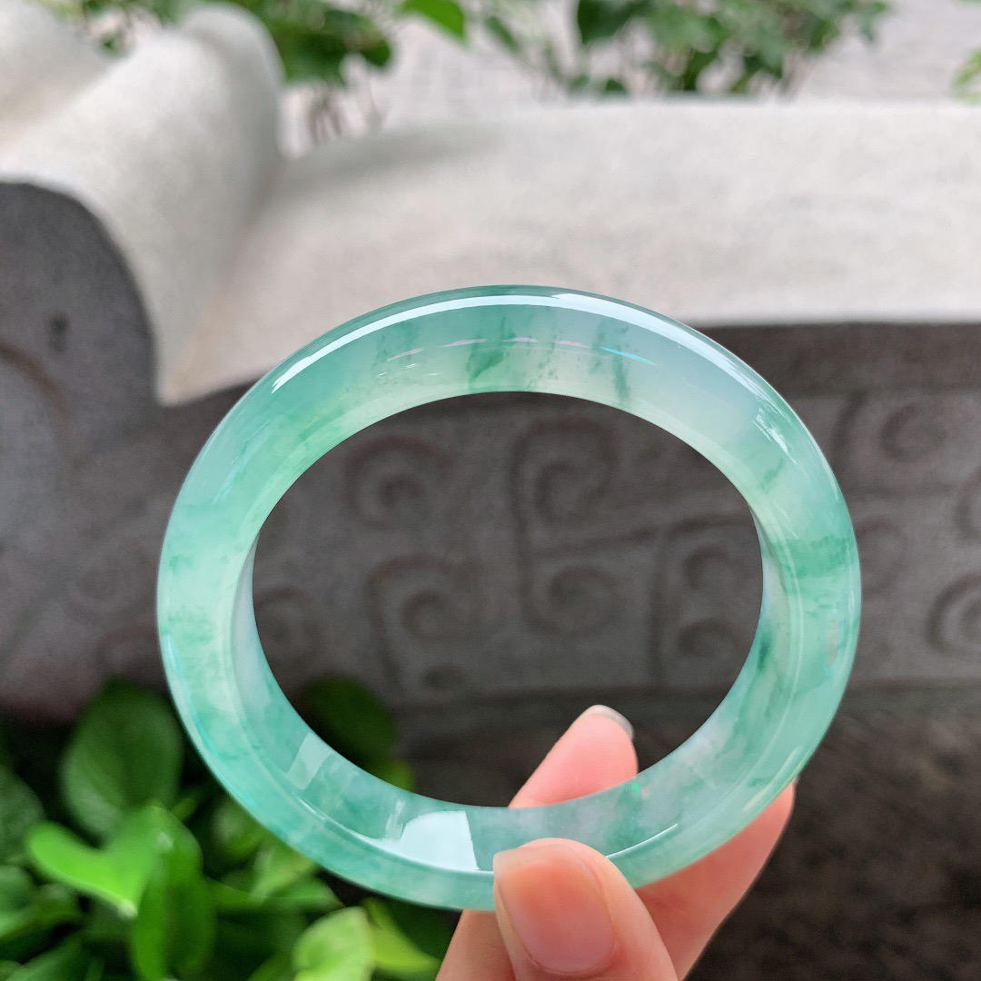 圈口57.8-12.8-8.8 【冰种飘绿花正圈手镯】正圈57 58可戴