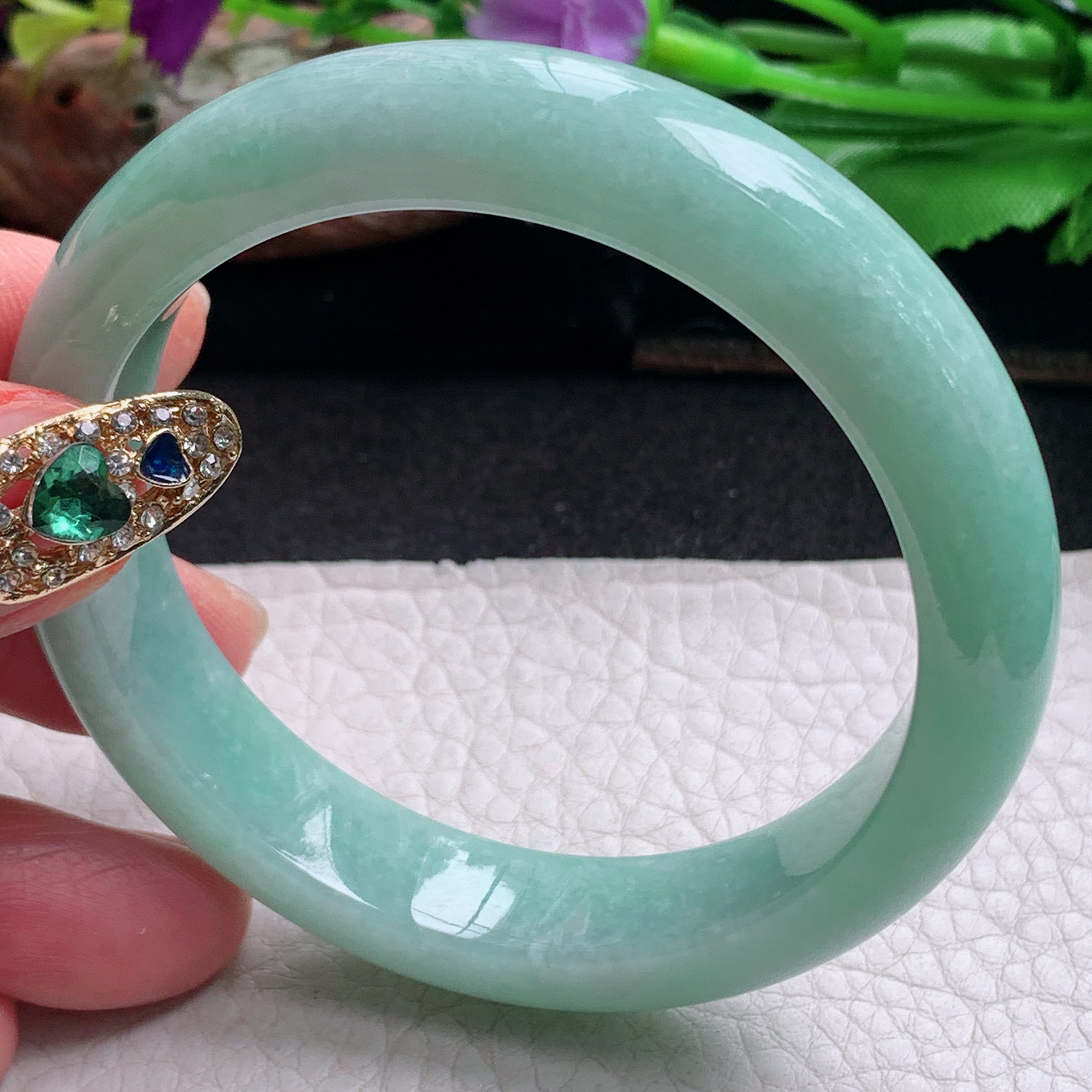 nr清新款54*12*8平安镯 天然缅甸翡翠a货手镯飘绿宽边正圈玉镯子