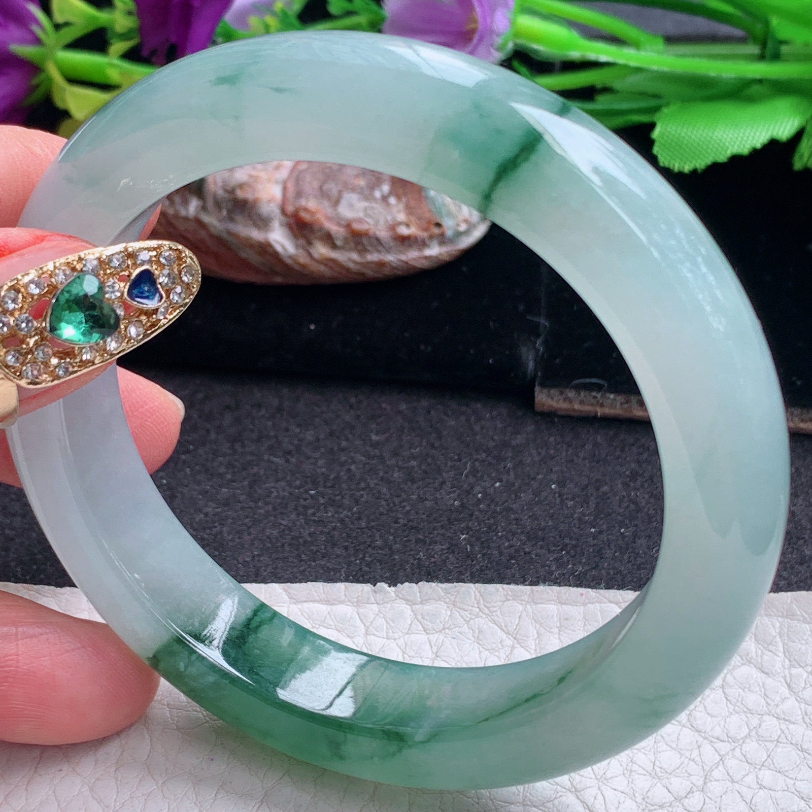 ll飘逸款58*12.5*9.5平安镯 天然缅甸翡翠a货手镯冰飘花厚装正圈玉镯子