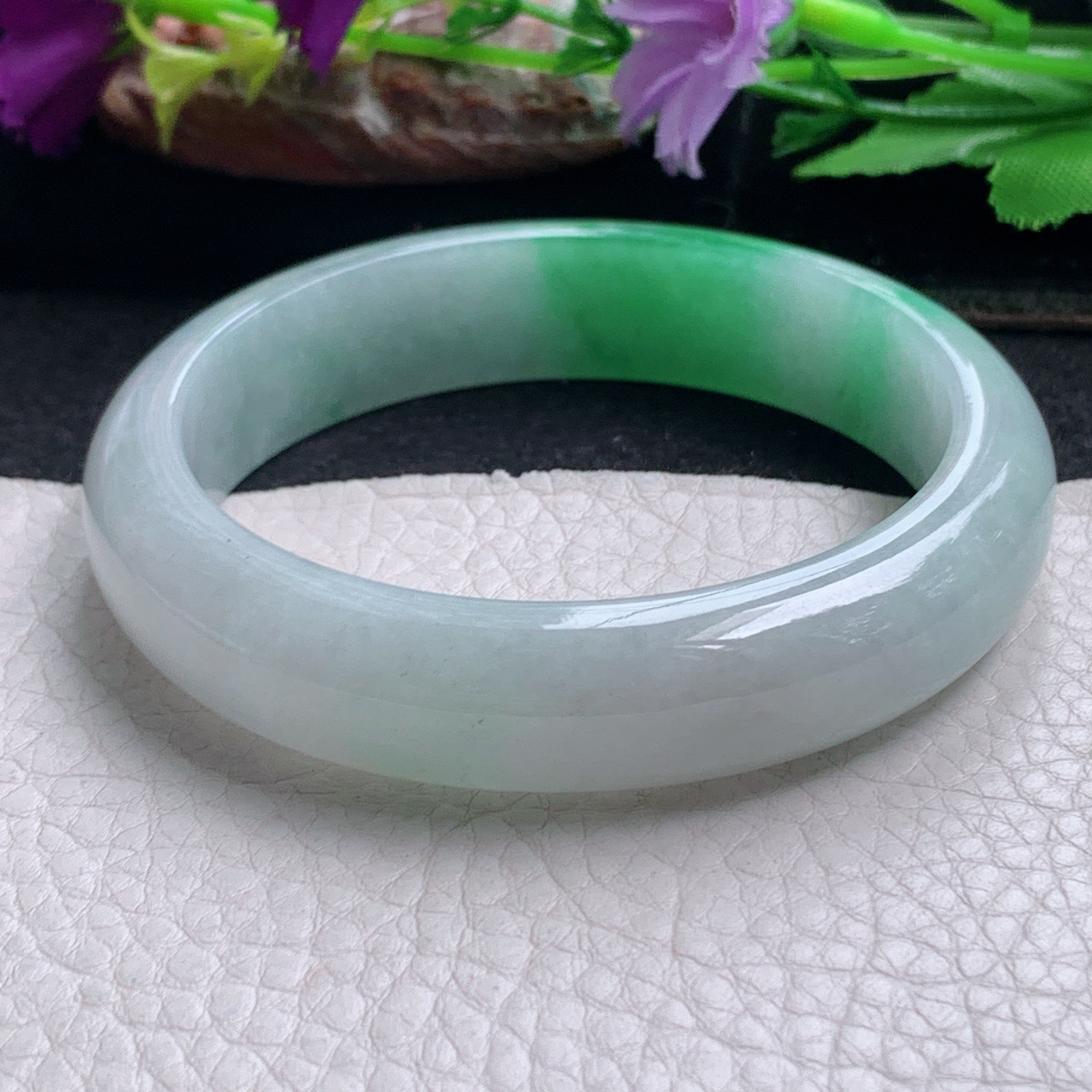 ll白底青58.5*14.2*8.2平安镯 天然缅甸翡翠a货手镯飘阳绿正圈玉镯子