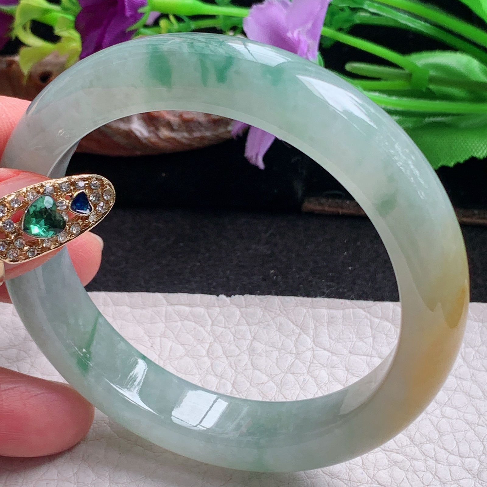 js实拍57*12*8.6平安镯 天然缅甸翡翠a货手镯冰三彩宽边正圈玉镯子