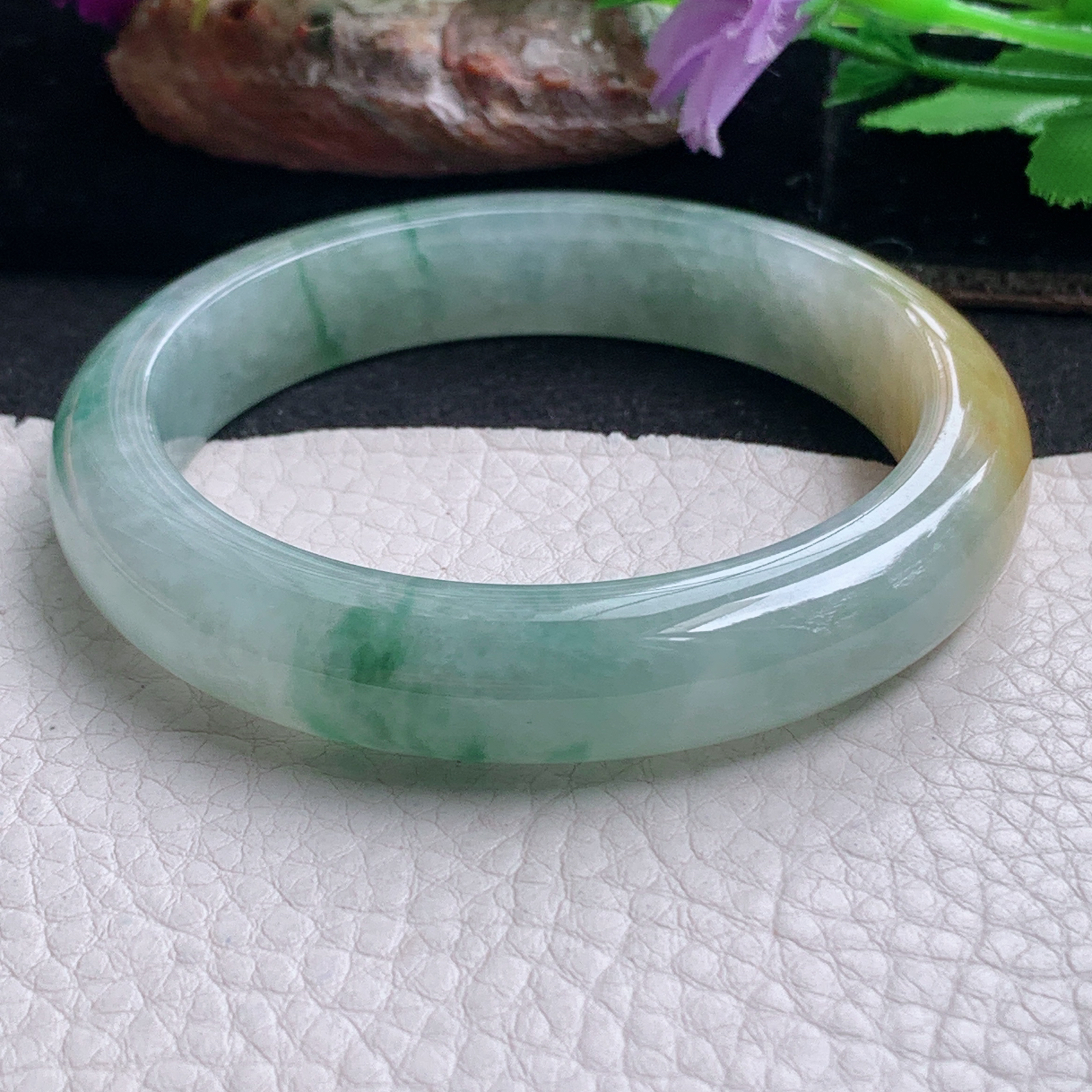 js实拍57*12*8.6平安镯 天然缅甸翡翠a货手镯冰三彩宽边正圈玉镯子