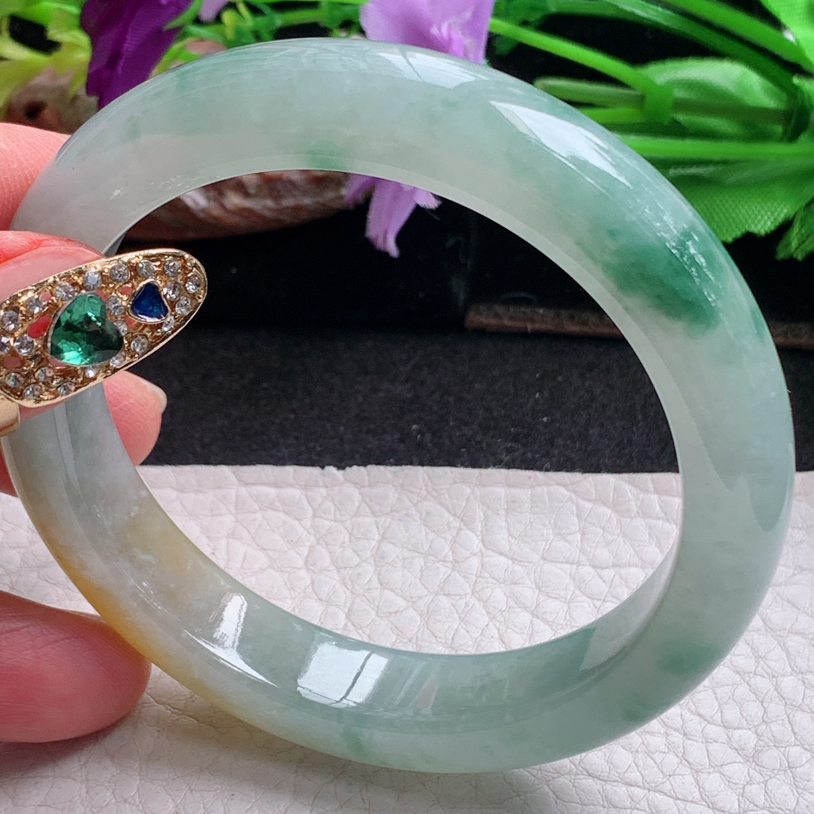 js实拍57*12*8.6平安镯 天然缅甸翡翠a货手镯冰三彩宽边正圈玉镯子