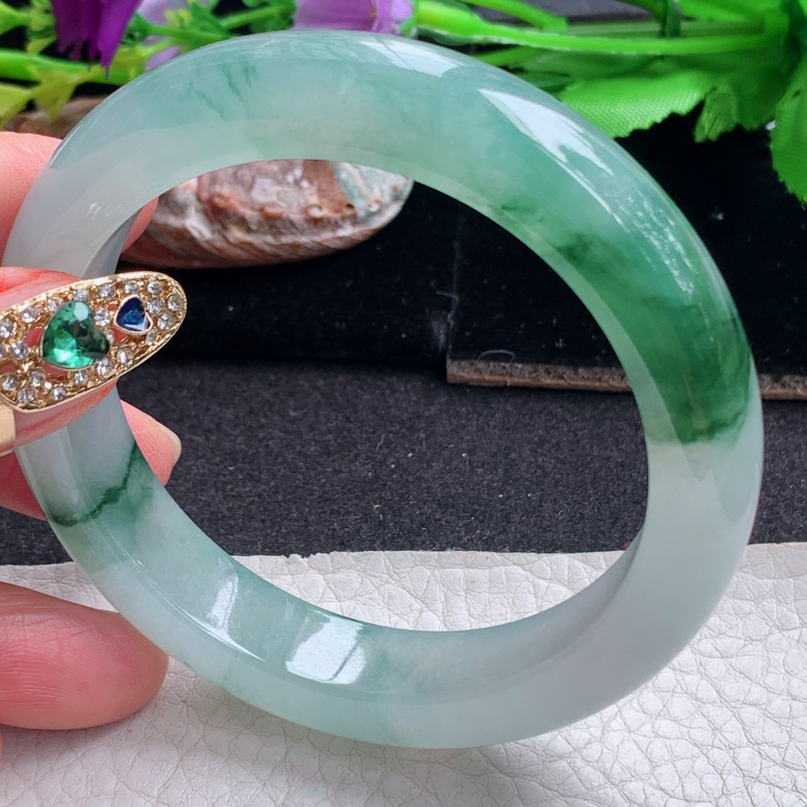 ll飘逸款58*12.5*9.5平安镯 天然缅甸翡翠a货手镯冰飘花厚装正圈玉镯子