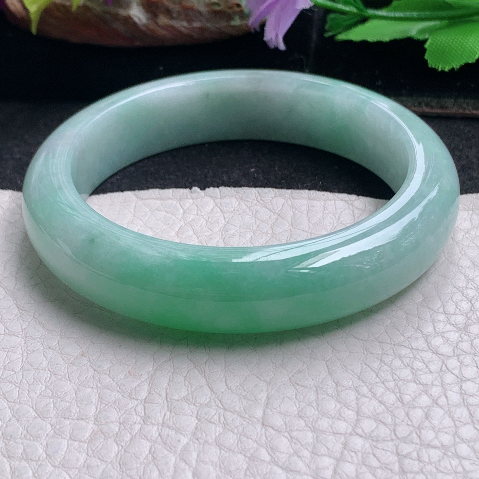 ll白底青54.5*13*8.3平安镯 天然缅甸翡翠a货手镯飘绿正圈玉镯子