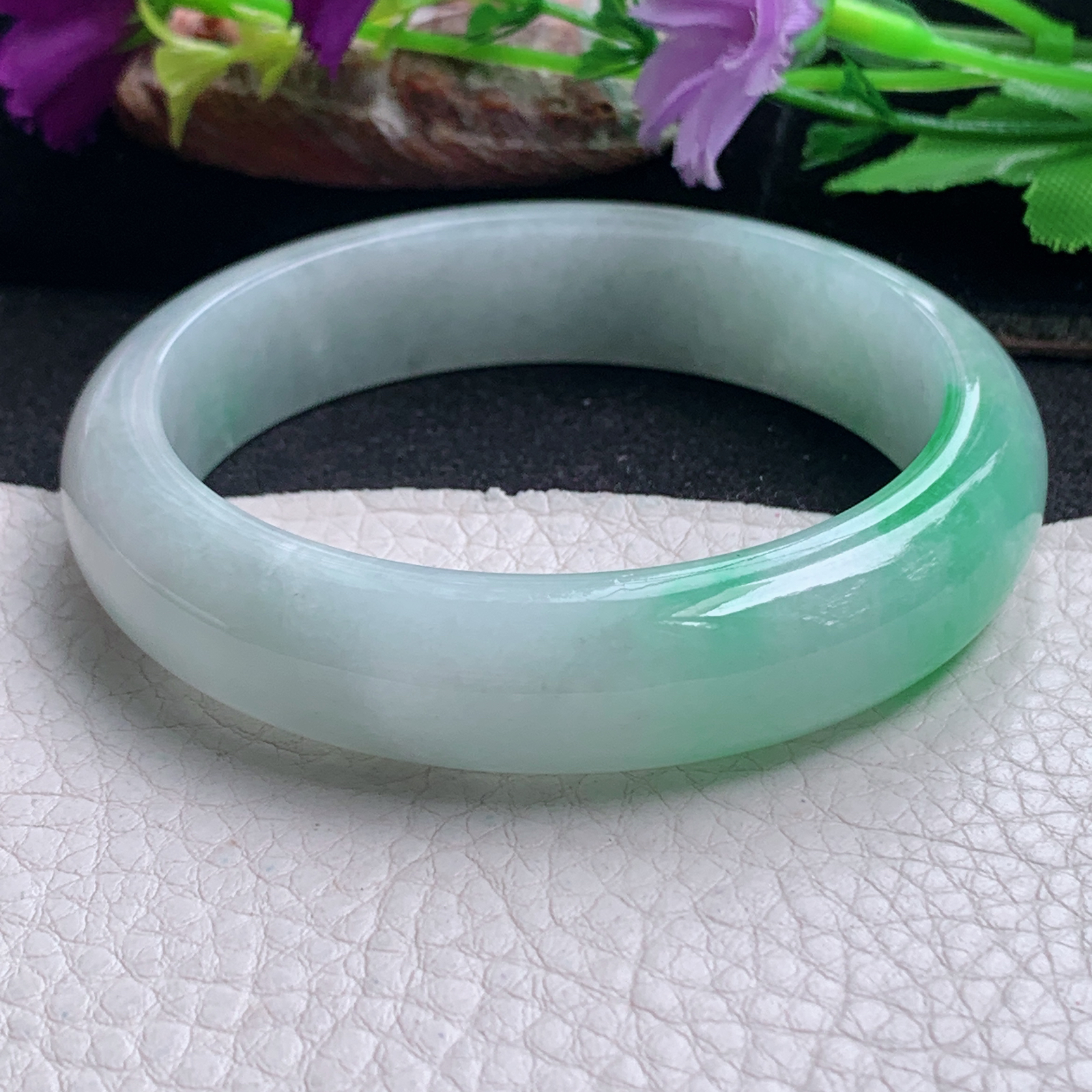 ll白底青58.5*14.2*8.2平安镯 天然缅甸翡翠a货手镯飘阳绿正圈玉镯子