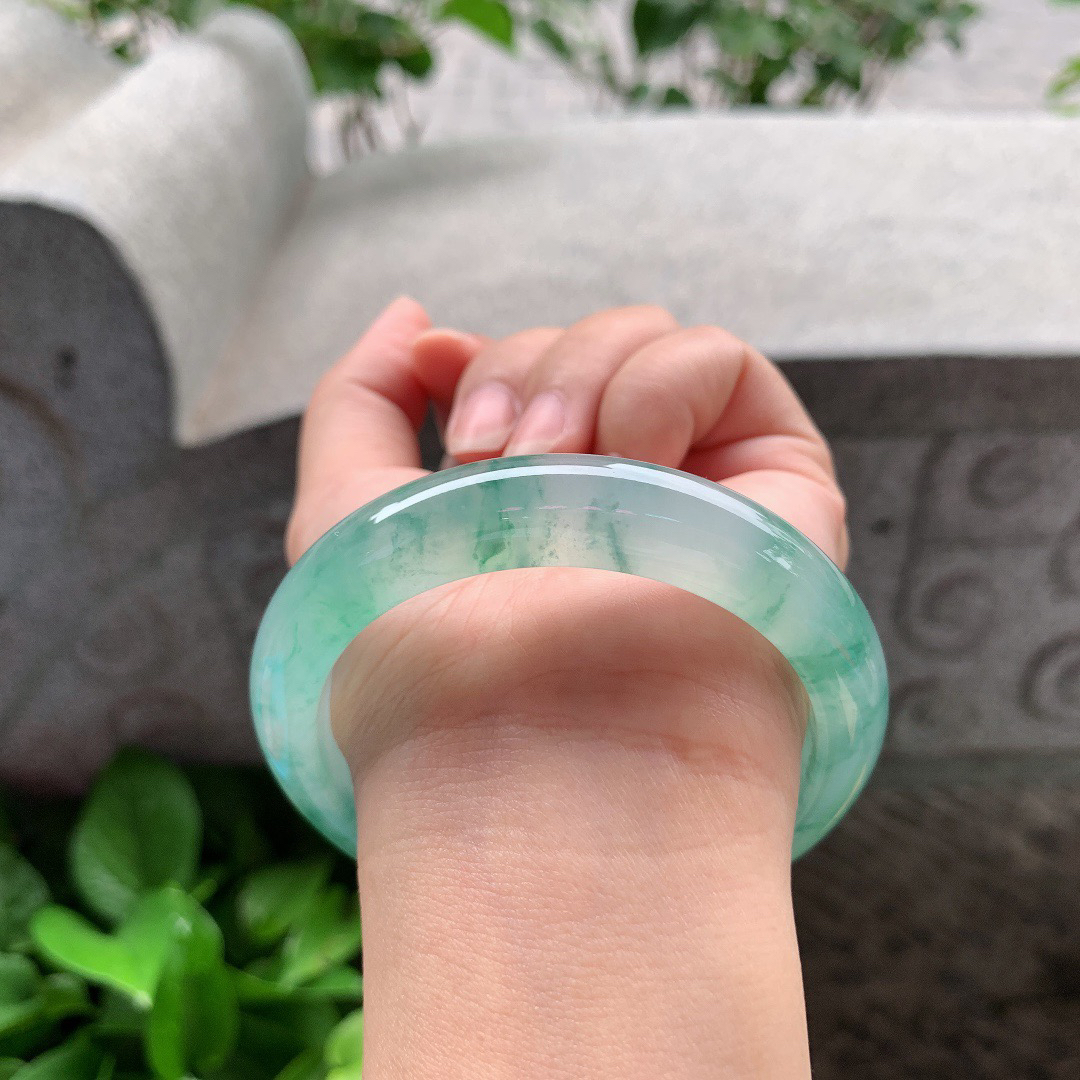 圈口57.8-12.8-8.8 【冰种飘绿花正圈手镯】正圈57 58可戴