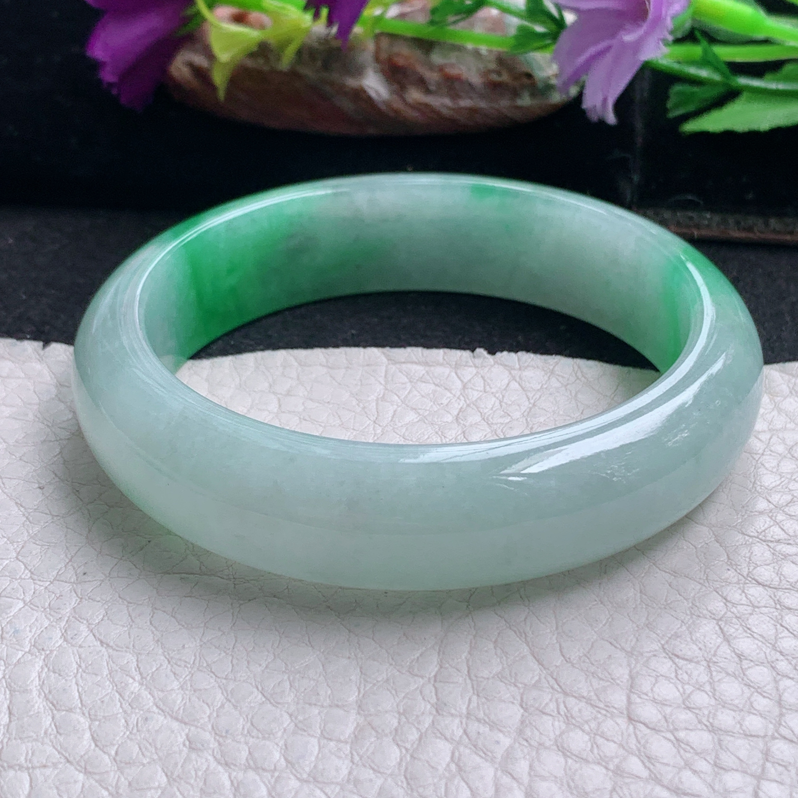 ll白底青55.5*14.3*7.8平安镯 天然缅甸翡翠a货手镯飘阳绿正圈玉镯子