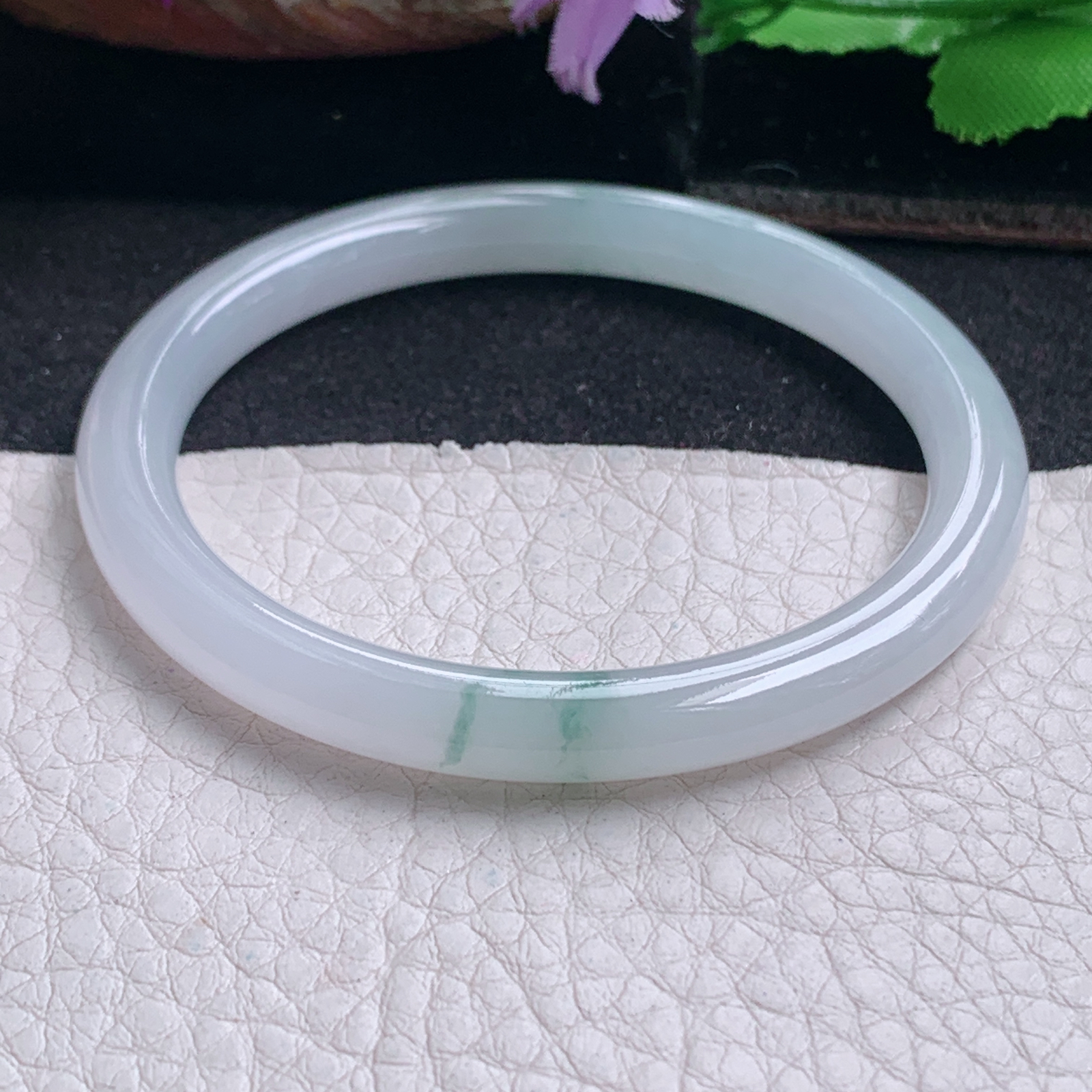 n小圈口51.3*6.5*6.8叮当镯 特色天然缅甸翡翠a货手镯飘花圆条美人镯