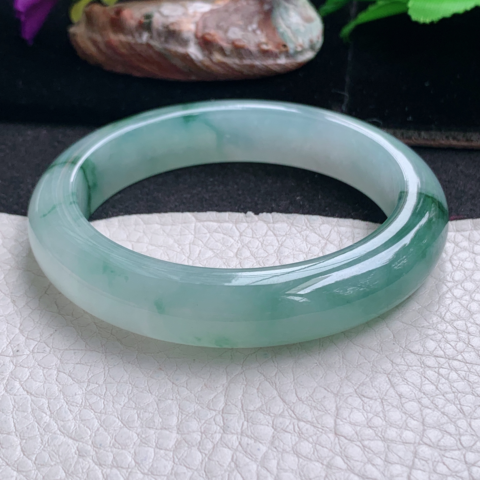 ll飘逸款58*12.5*9.5平安镯 天然缅甸翡翠a货手镯冰飘花厚装正圈玉镯子