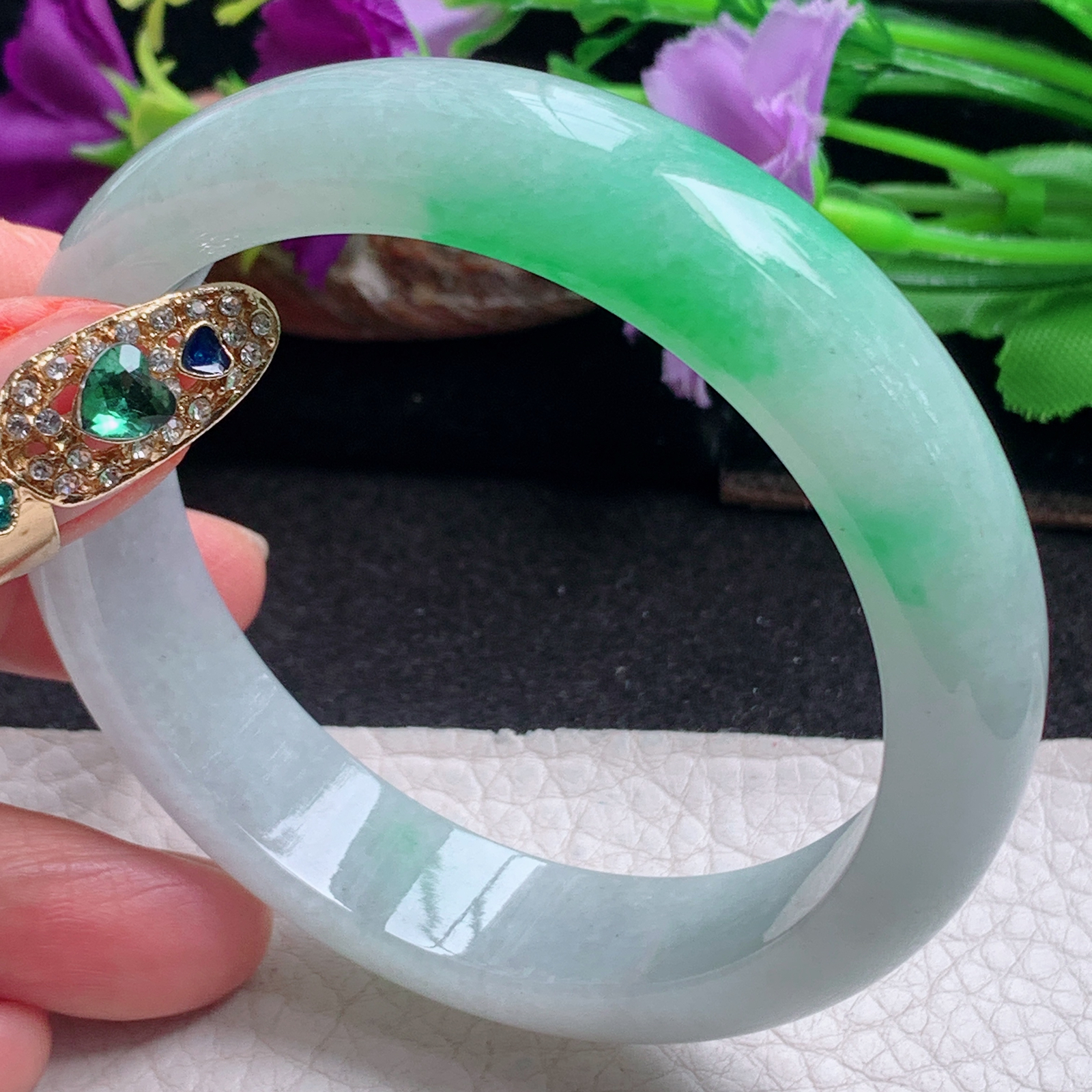 ll白底青58.5*14.2*8.2平安镯 天然缅甸翡翠a货手镯飘阳绿正圈玉镯子