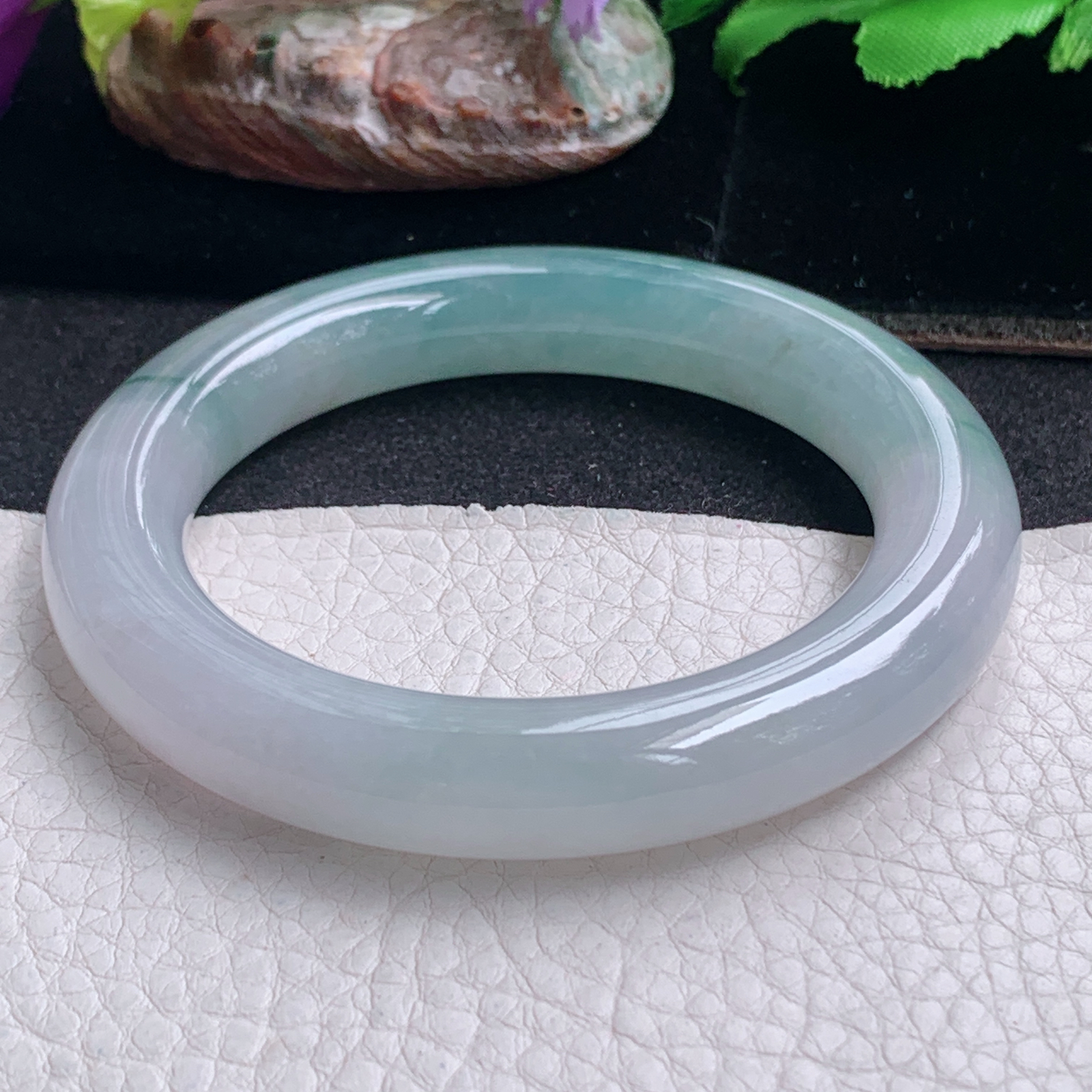 ll招财款56*11.5胖圆镯 天然缅甸翡翠a货手镯半山水圆条正圈玉镯子