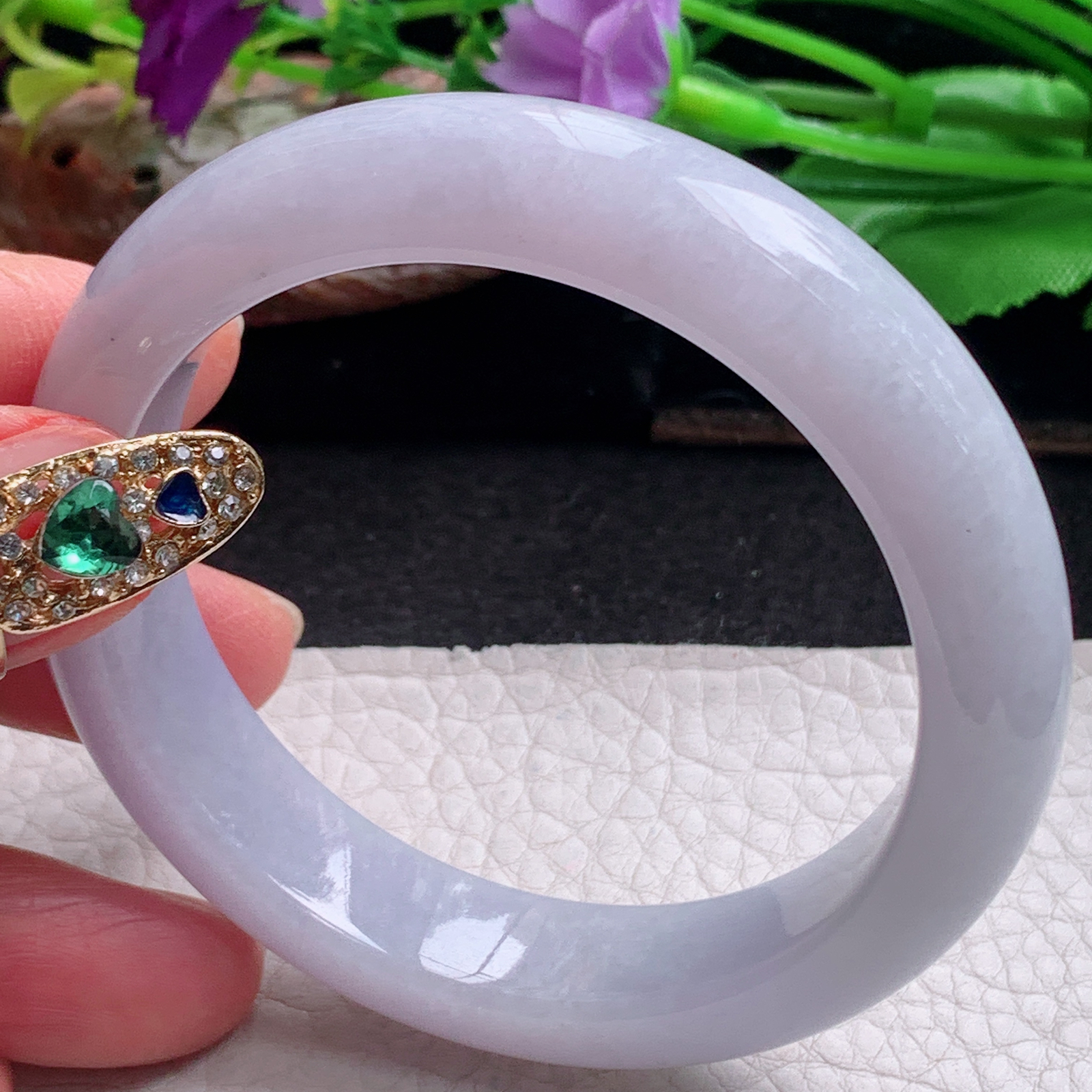 nr实拍53.5*12.5*8.3平安镯 天然缅甸翡翠a货手镯淡紫宽边正圈玉镯子