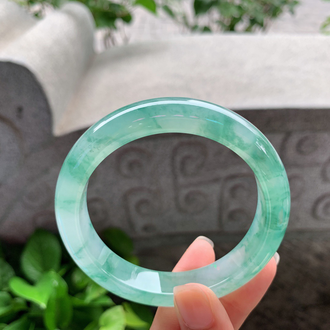 圈口57.8-12.8-8.8 【冰种飘绿花正圈手镯】正圈57 58可戴