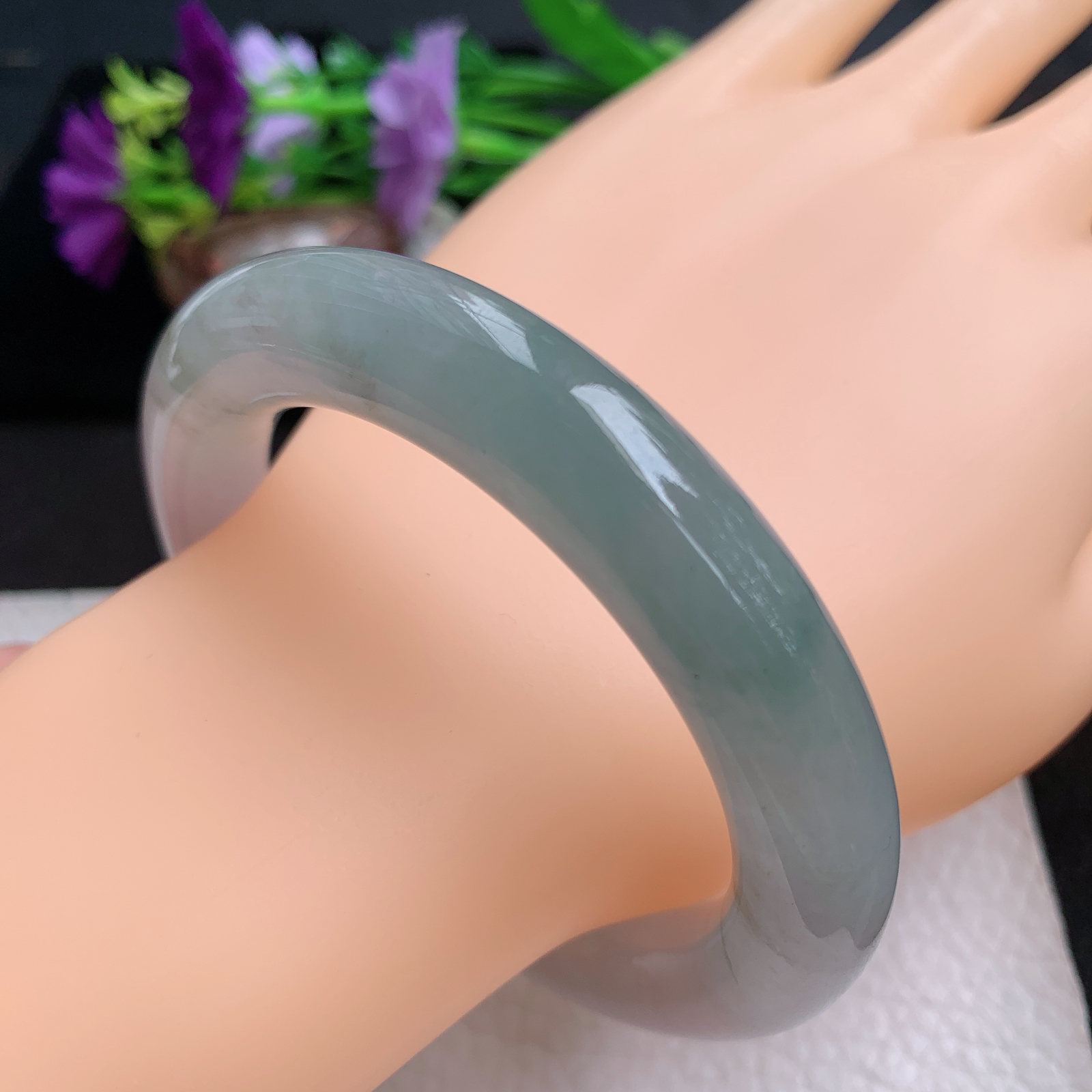 ll招财款56*11.5胖圆镯 天然缅甸翡翠a货手镯半山水圆条正圈玉镯子