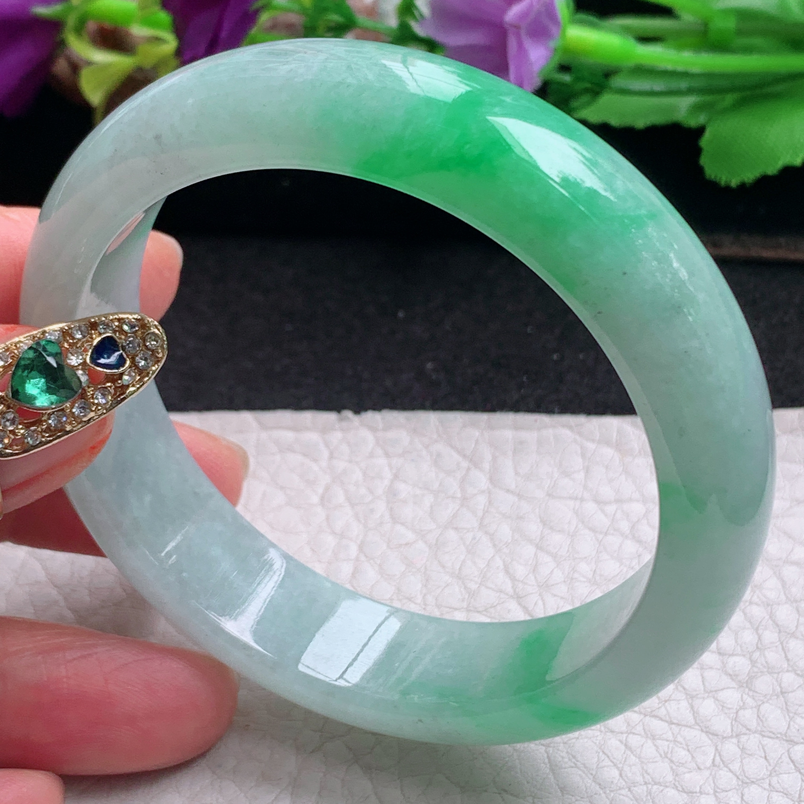ll白底青55.5*14.3*7.8平安镯 天然缅甸翡翠a货手镯飘阳绿正圈玉镯子