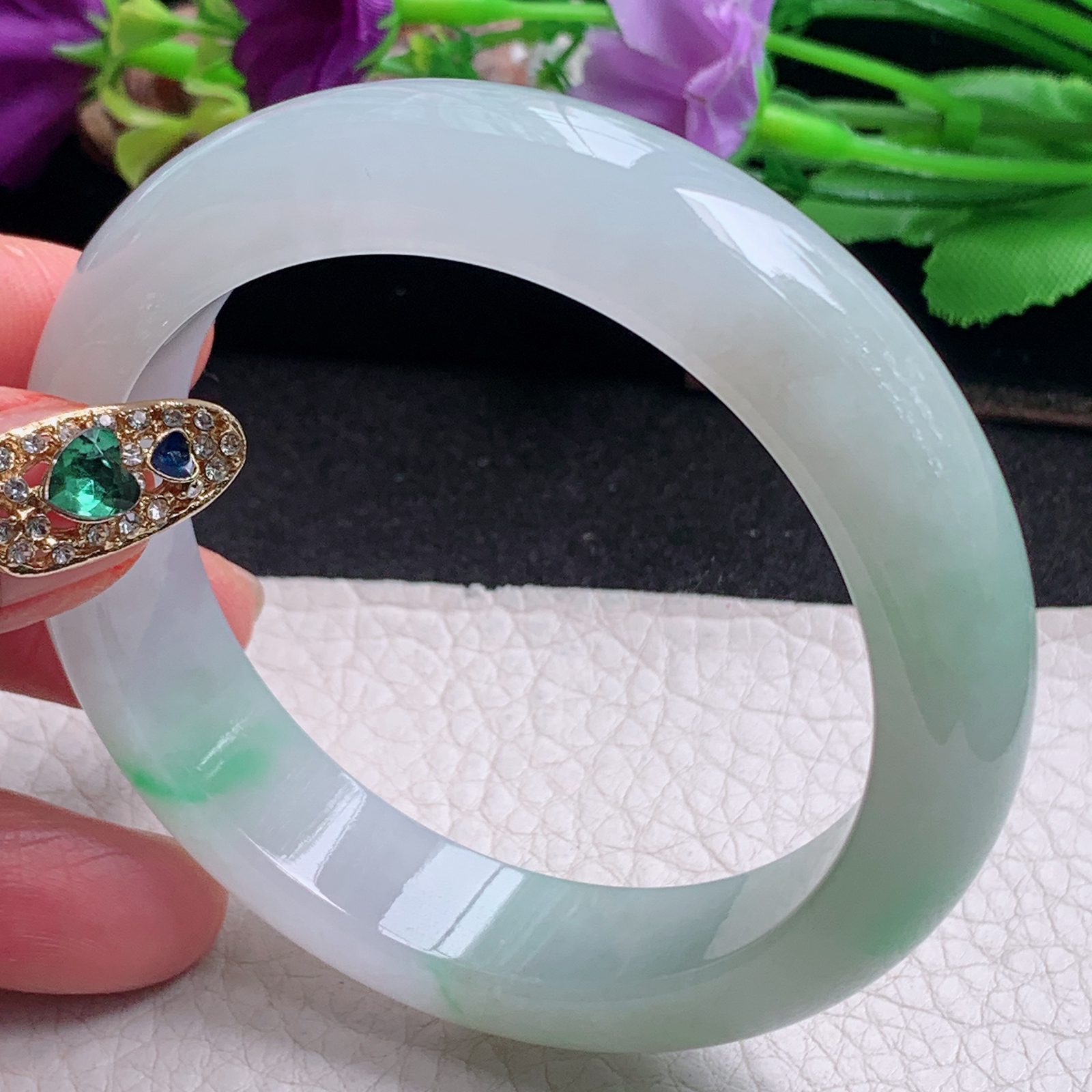 ll清爽款56.3*13.6*8.6平安镯 天然缅甸翡翠a货手镯飘绿正圈玉镯子