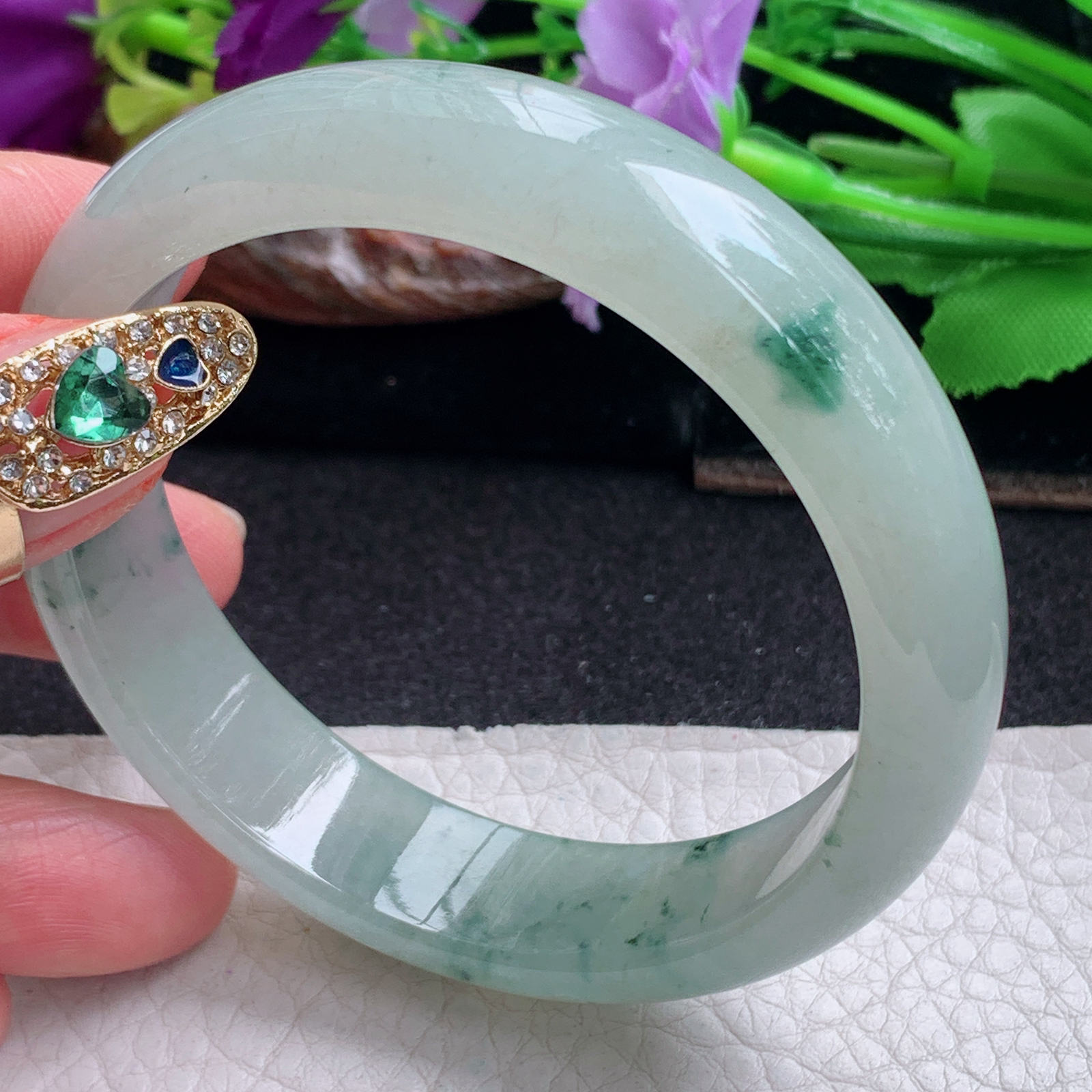 ll飘逸款57*14.2*7.5平安镯 天然缅甸翡翠a货手镯冰飘花正圈玉镯子