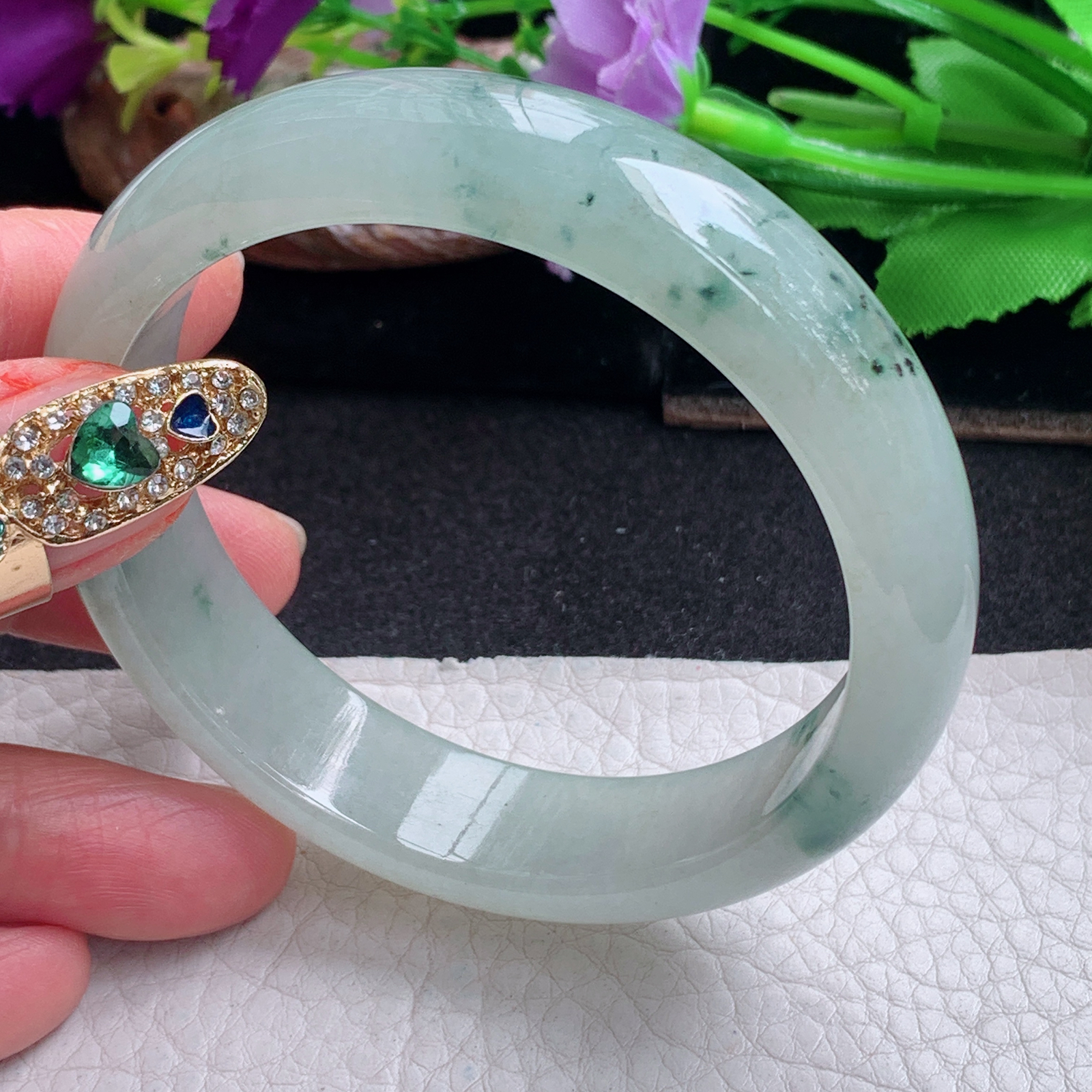 ll飘逸款57*14.2*7.5平安镯 天然缅甸翡翠a货手镯冰飘花正圈玉镯子