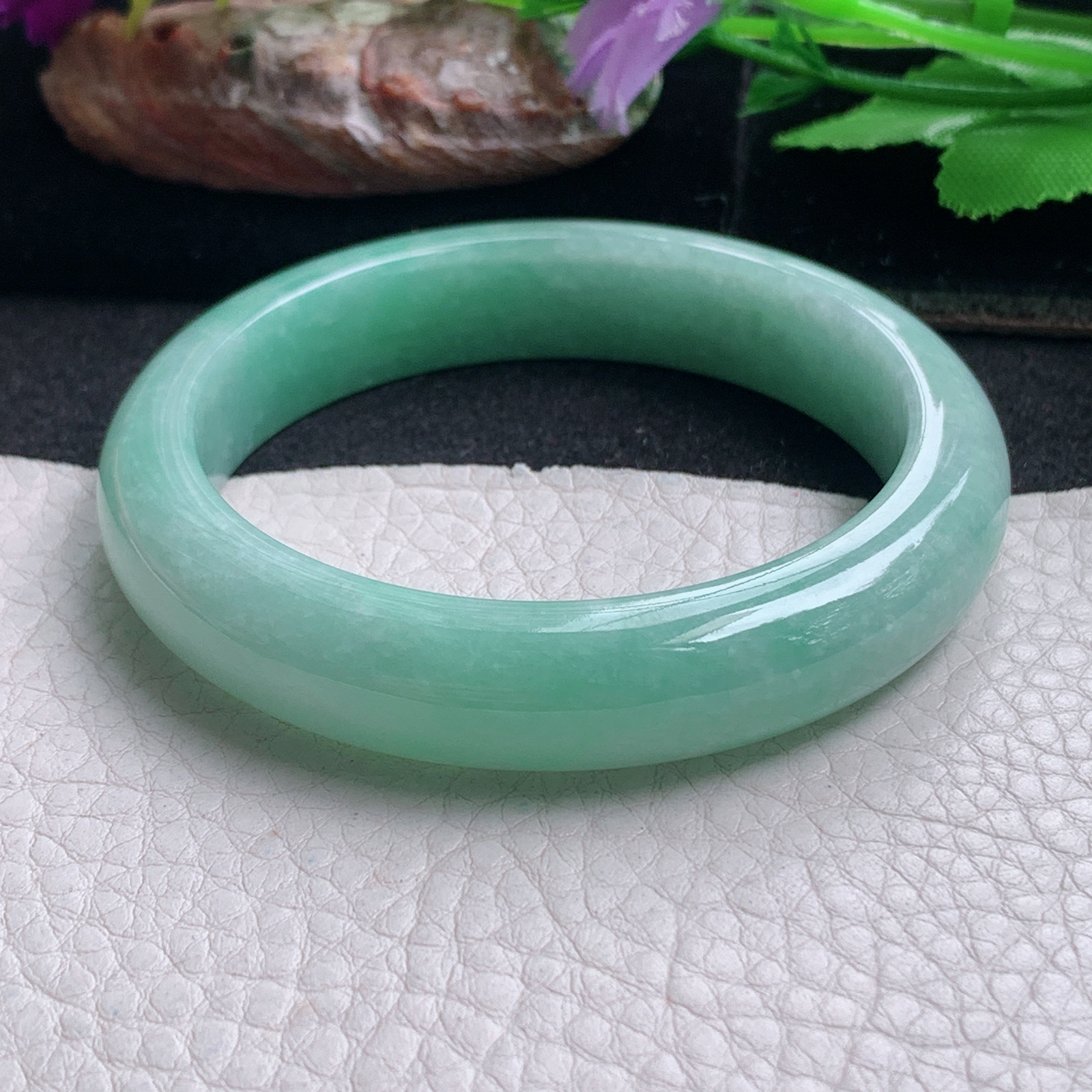 nr清新款54*12*8平安镯 天然缅甸翡翠a货手镯飘绿宽边正圈玉镯子