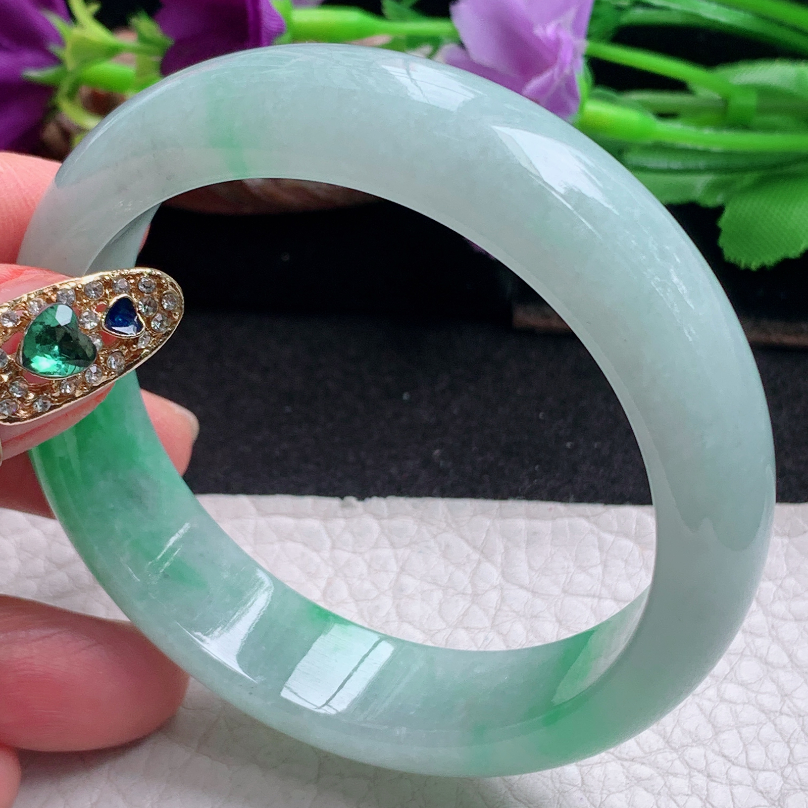 ll白底青55.5*14.3*7.8平安镯 天然缅甸翡翠a货手镯飘阳绿正圈玉镯子