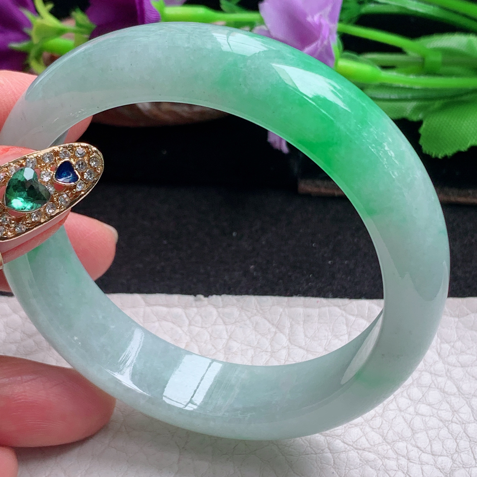 ll白底青55.5*14.3*7.8平安镯 天然缅甸翡翠a货手镯飘阳绿正圈玉镯子