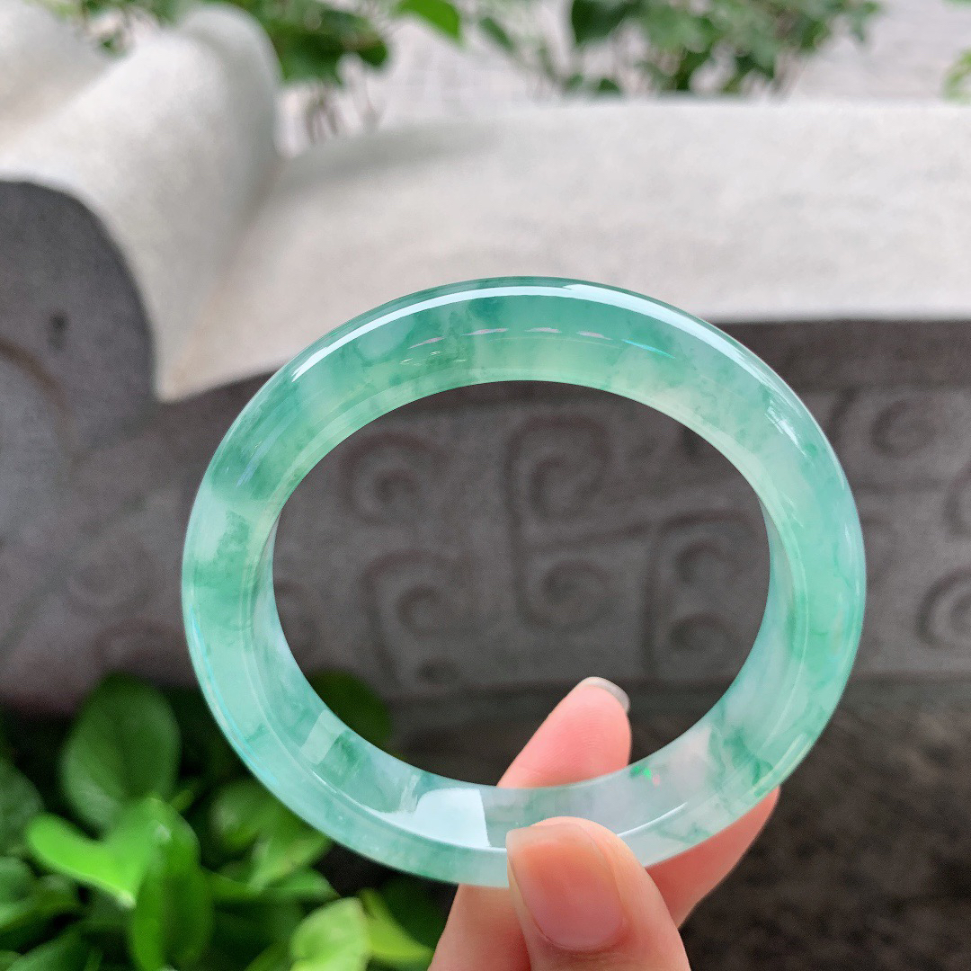 圈口57.8-12.8-8.8 【冰种飘绿花正圈手镯】正圈57 58可戴