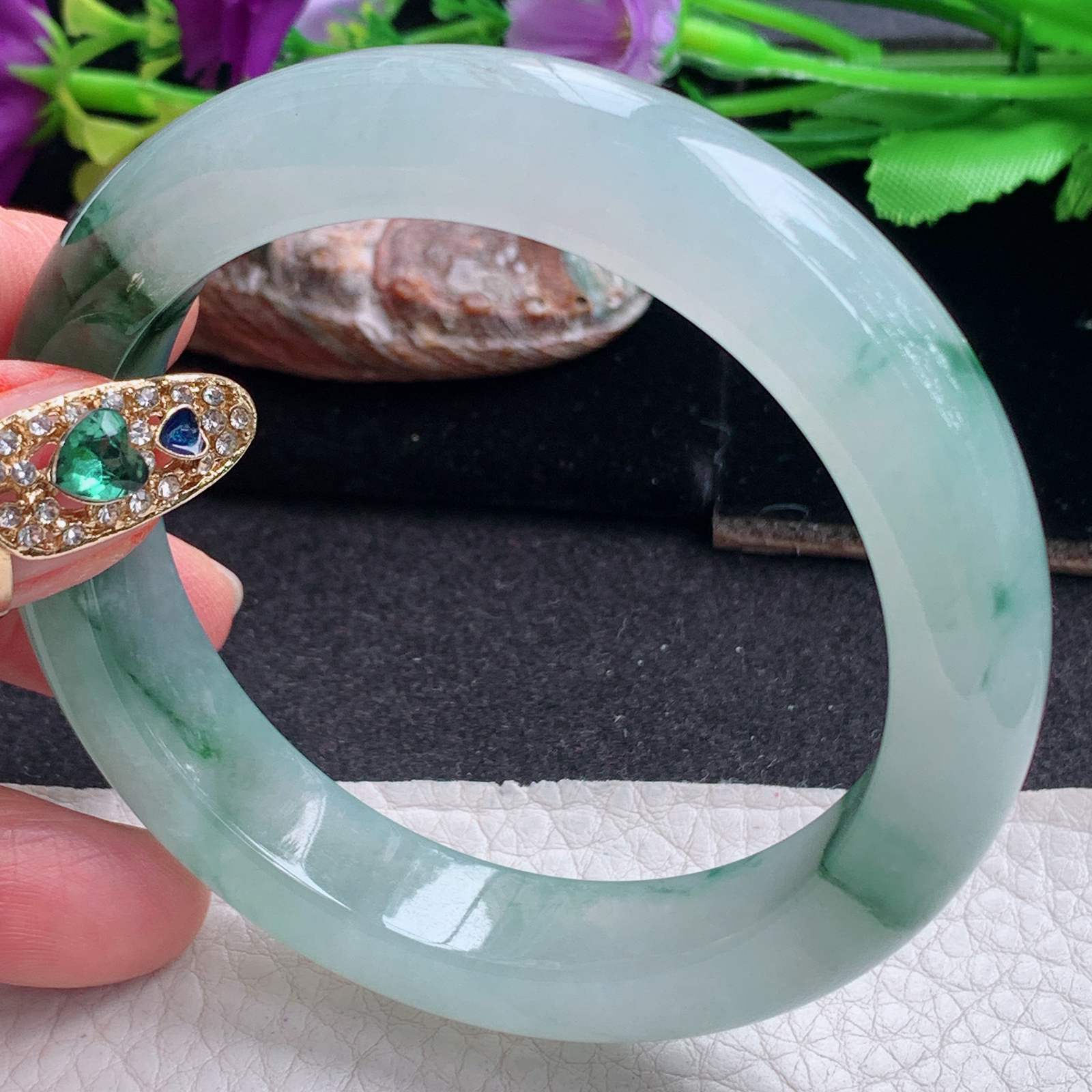 ll飘逸款58*12.5*9.5平安镯 天然缅甸翡翠a货手镯冰飘花厚装正圈玉镯子