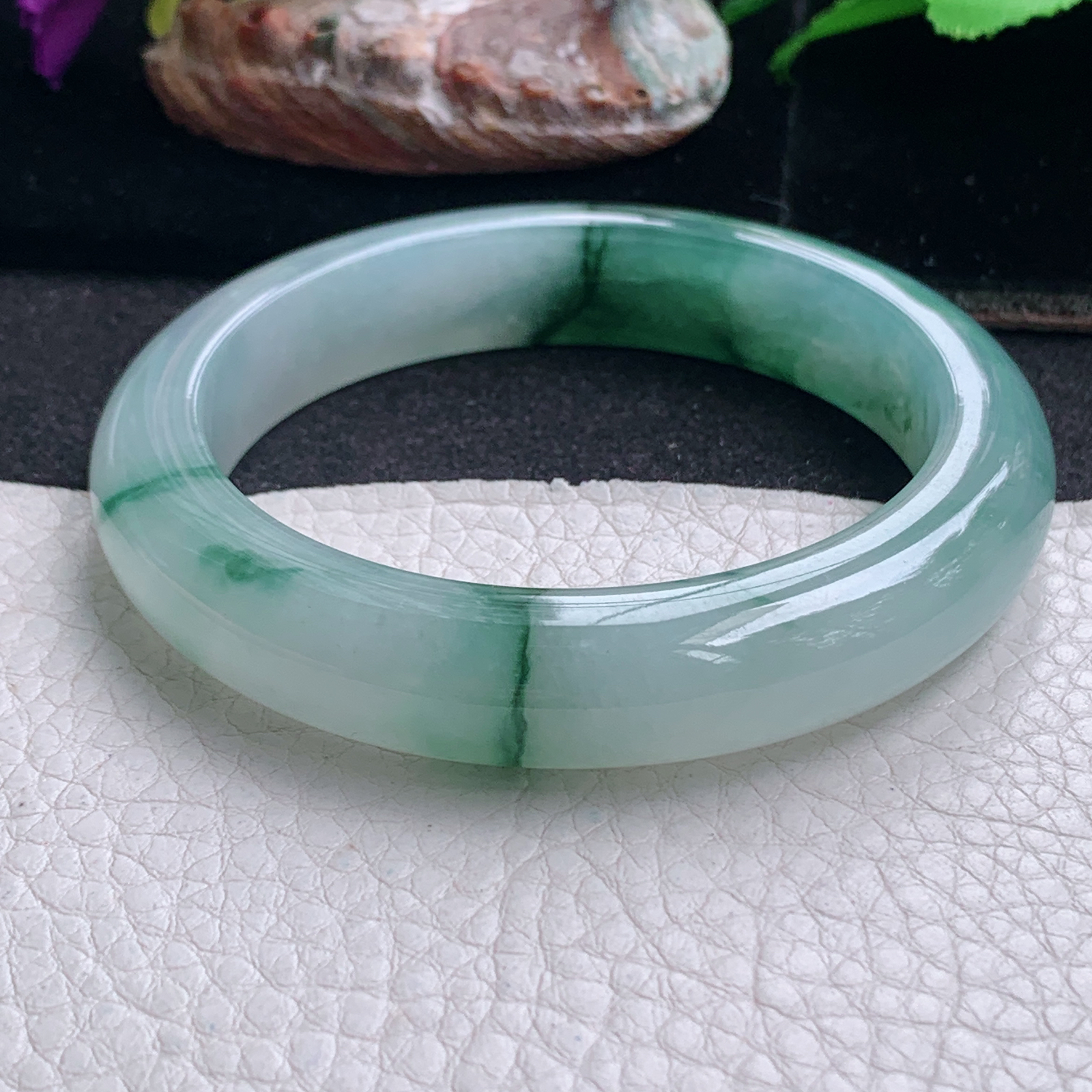 ll飘逸款58*12.5*9.5平安镯 天然缅甸翡翠a货手镯冰飘花厚装正圈玉镯子