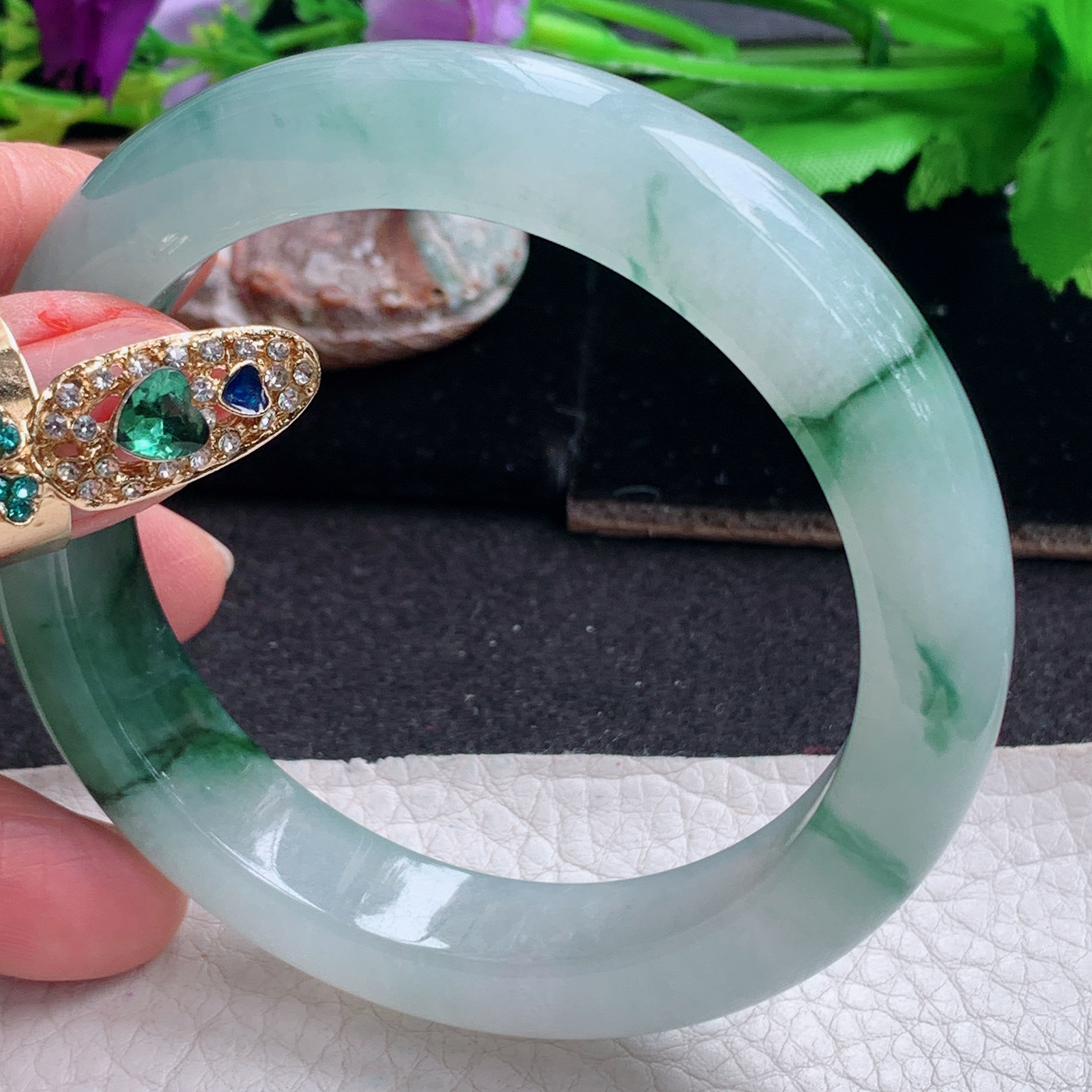 ll飘逸款58*12.5*9.5平安镯 天然缅甸翡翠a货手镯冰飘花厚装正圈玉镯子