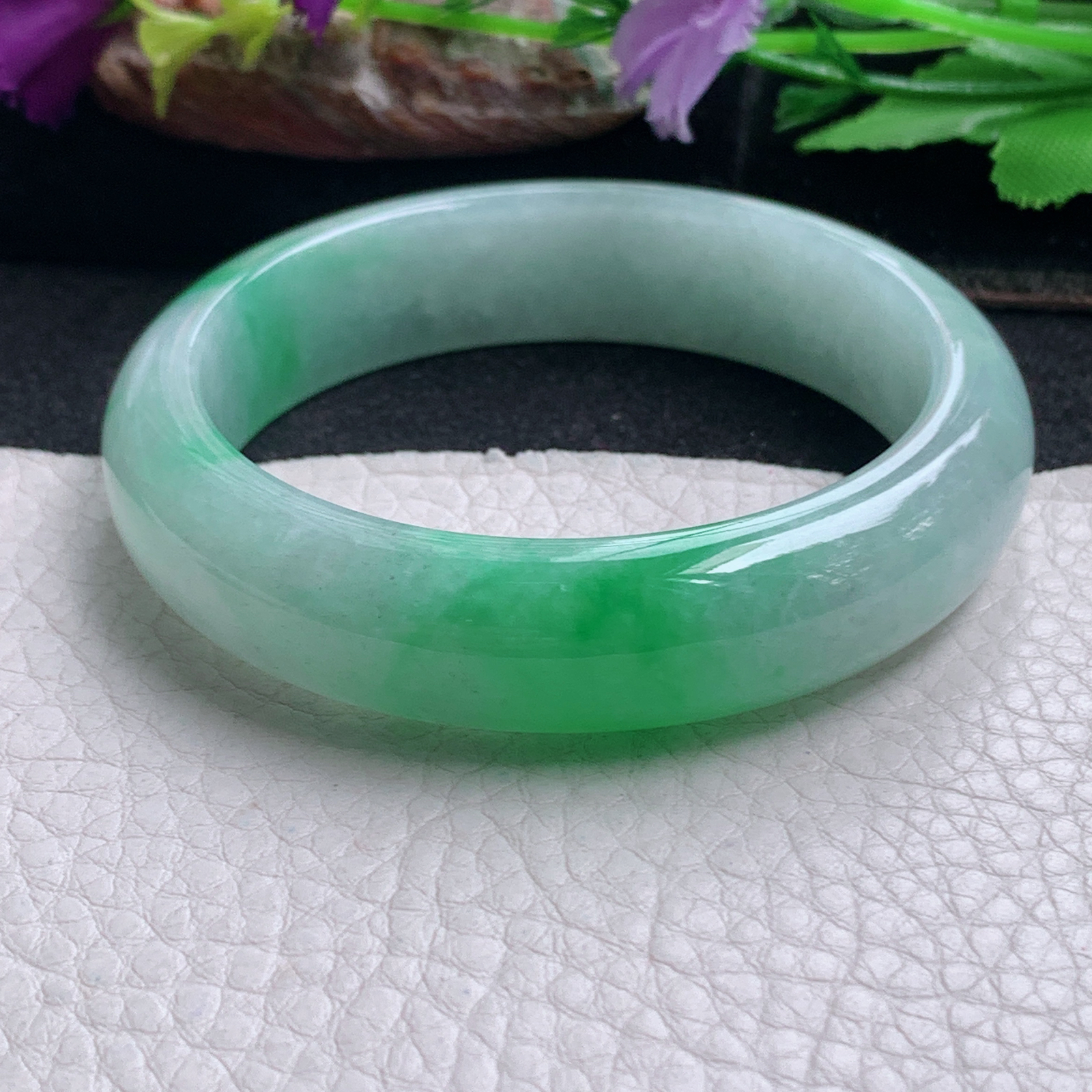 ll白底青55.5*14.3*7.8平安镯 天然缅甸翡翠a货手镯飘阳绿正圈玉镯子