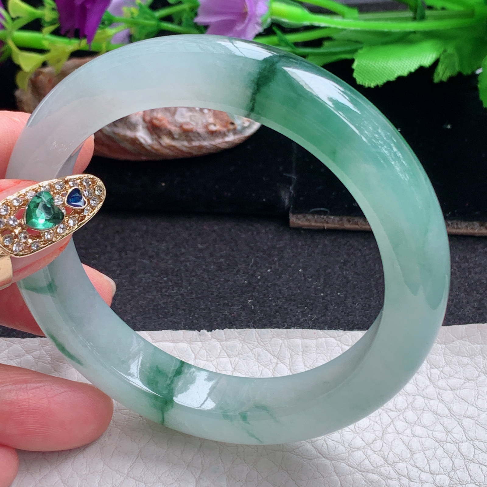 ll飘逸款58*12.5*9.5平安镯 天然缅甸翡翠a货手镯冰飘花厚装正圈玉镯子