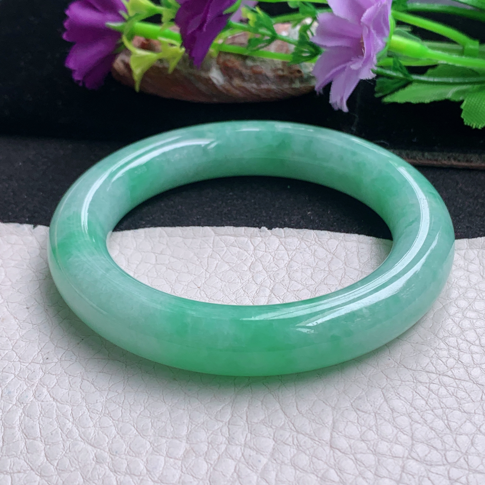 ll甜美大气款56.5*12.3*11.5胖圆镯 天然缅甸翡翠a货手镯辣绿圆条正圈玉镯子