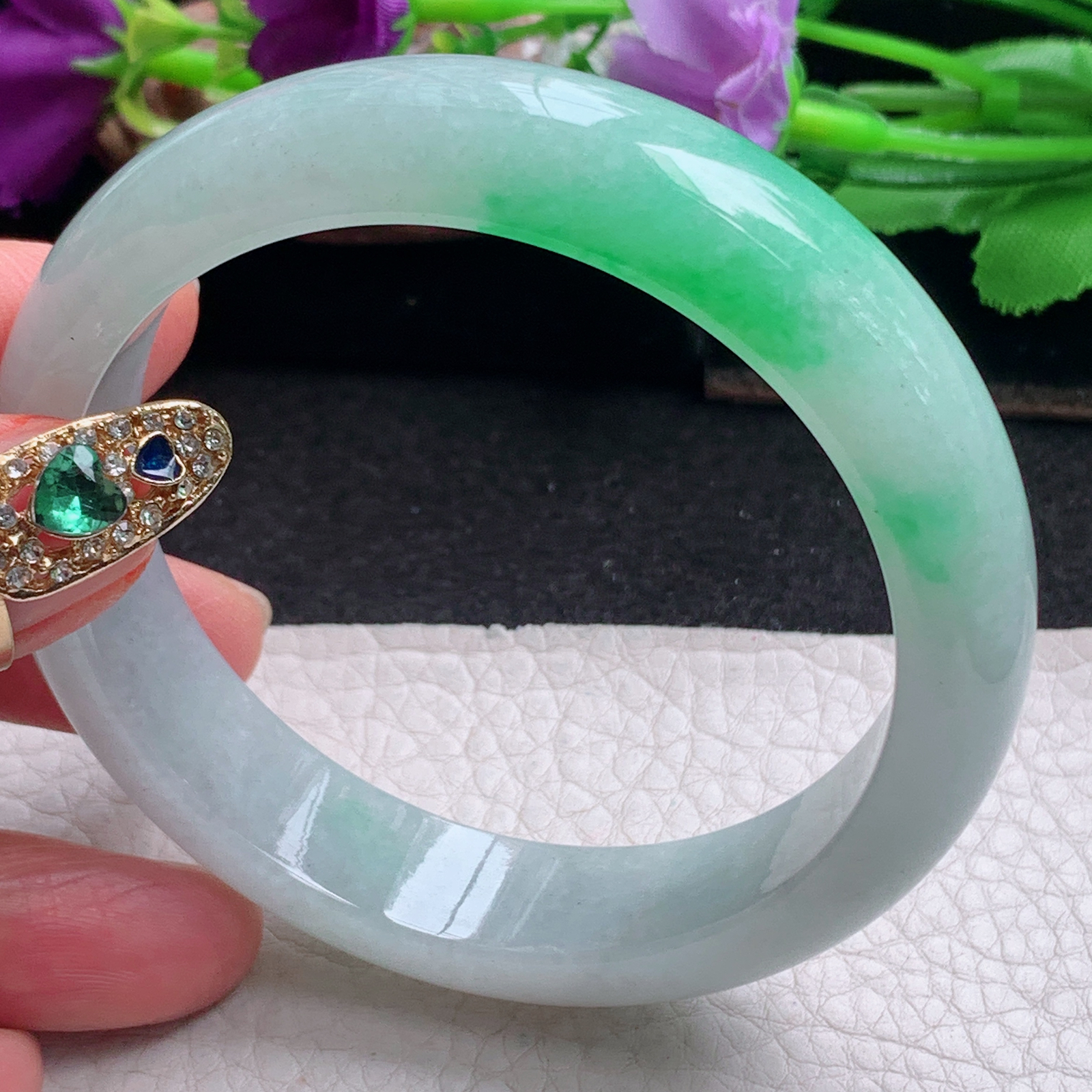 ll白底青58.5*14.2*8.2平安镯 天然缅甸翡翠a货手镯飘阳绿正圈玉镯子