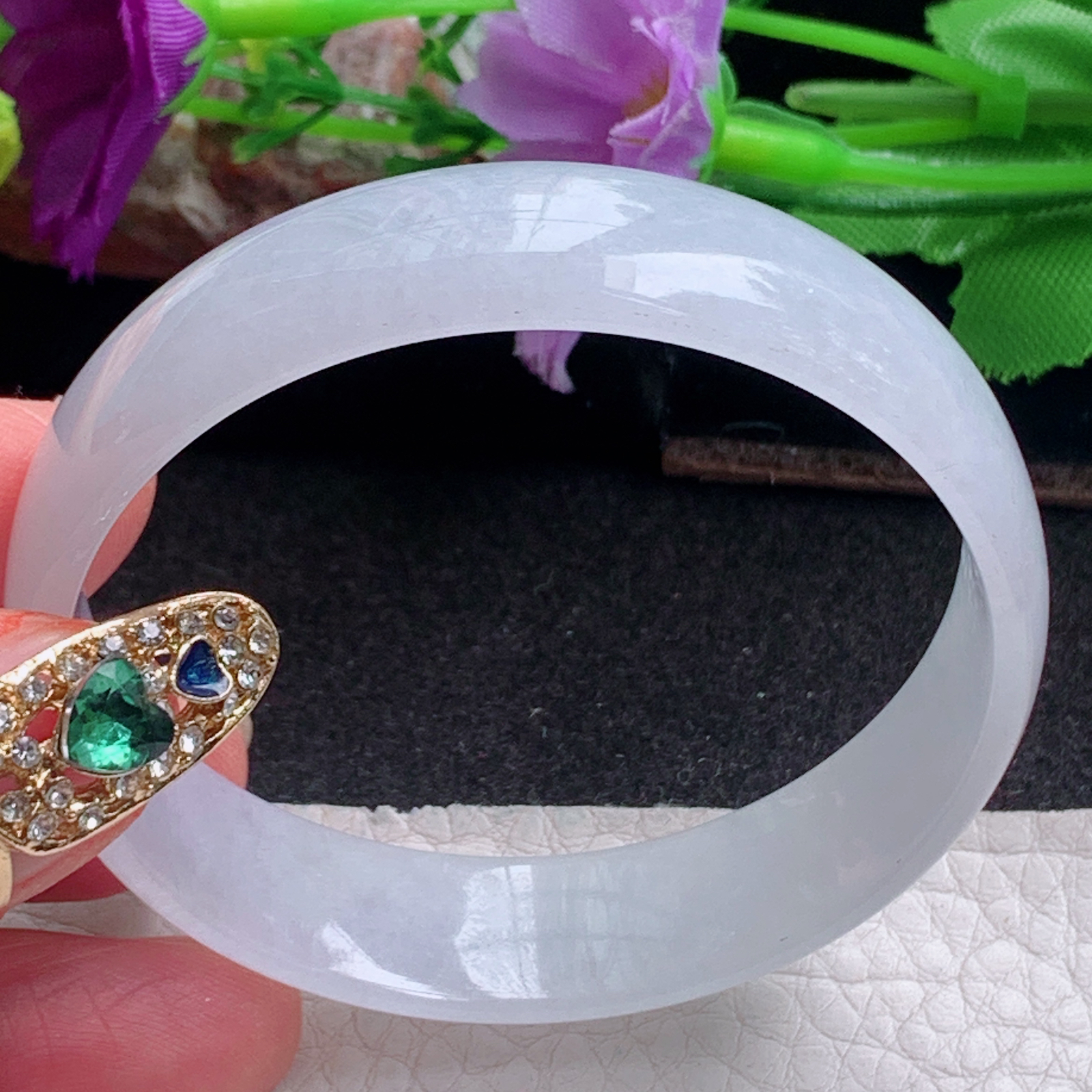 n小圈口50.5*13.9*4宽扁镯 特色天然缅甸翡翠a货手镯纯美宽边正圈玉镯子