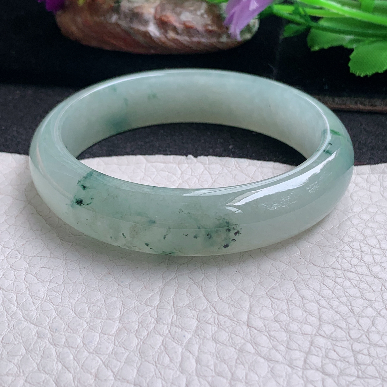 ll飘逸款57*14.2*7.5平安镯 天然缅甸翡翠a货手镯冰飘花正圈玉镯子