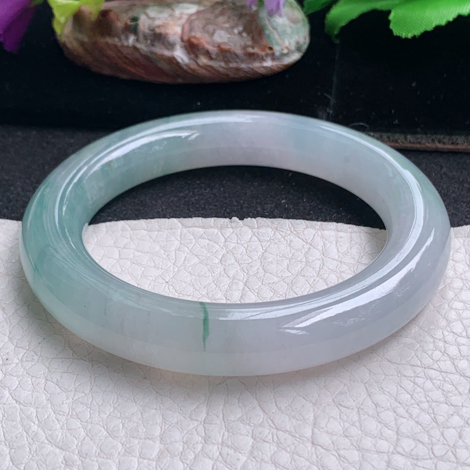 ll招财款56*11.5胖圆镯 天然缅甸翡翠a货手镯半山水圆条正圈玉镯子