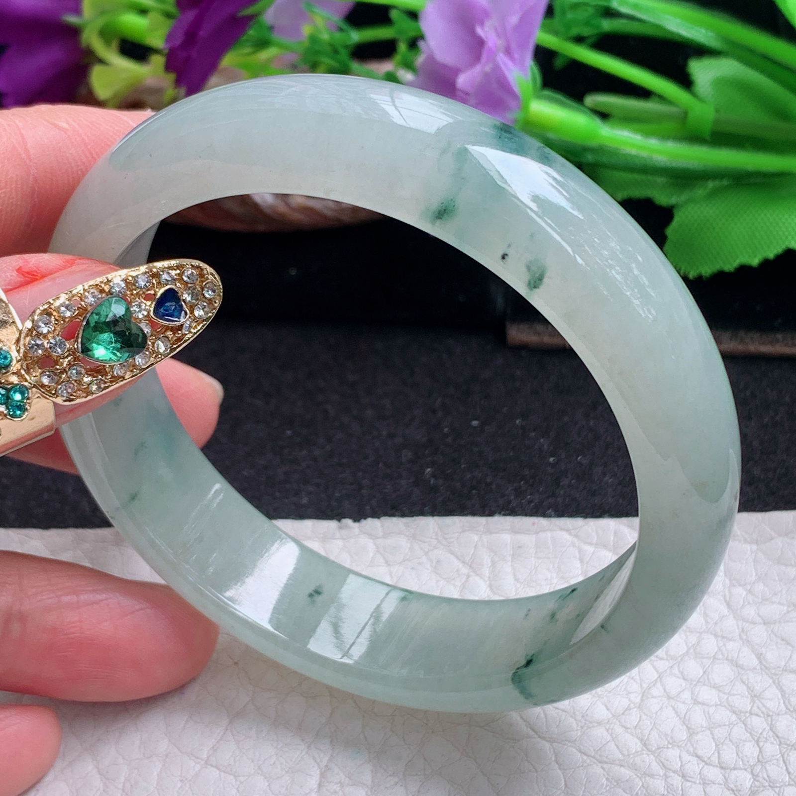 ll飘逸款57*14.2*7.5平安镯 天然缅甸翡翠a货手镯冰飘花正圈玉镯子