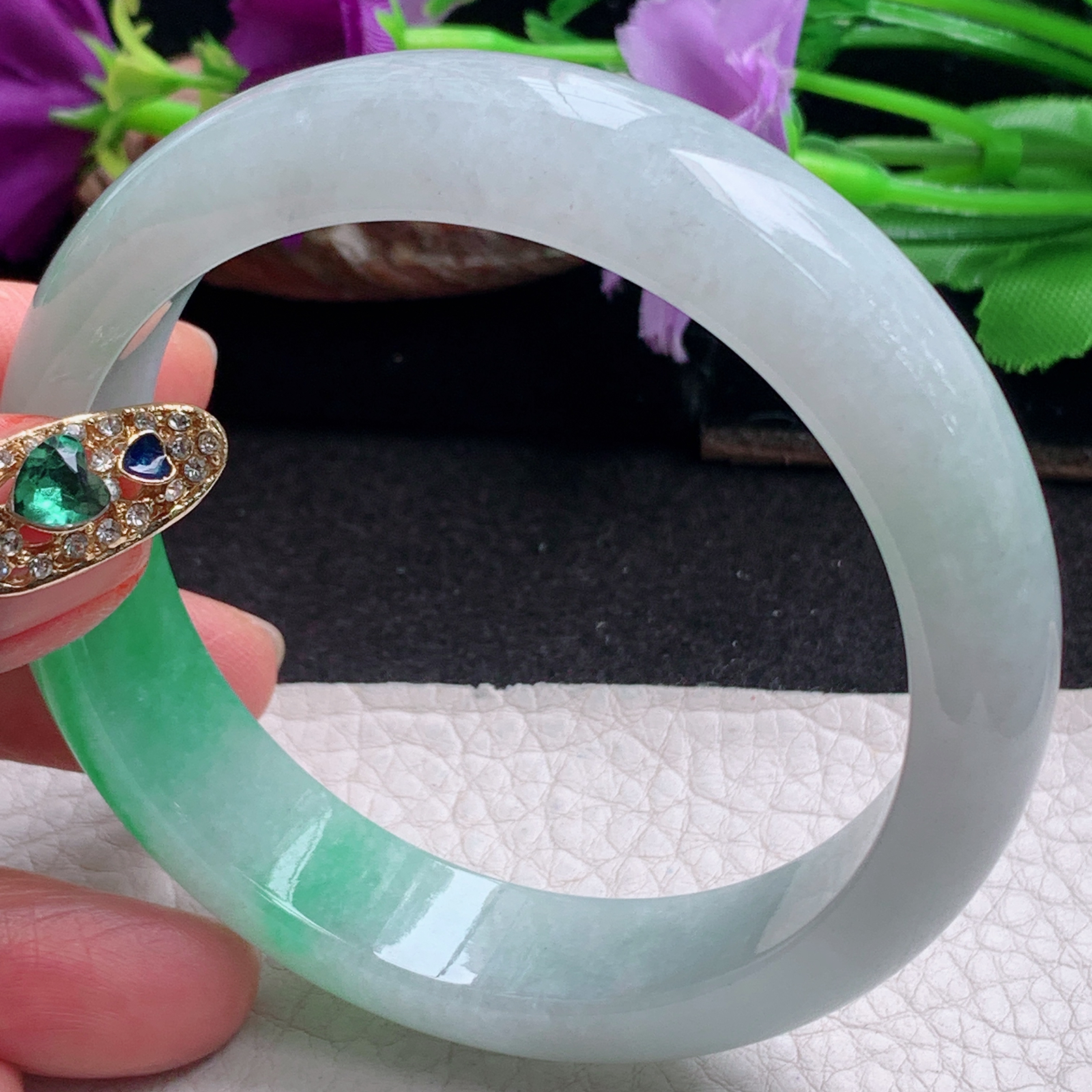 ll白底青58.5*14.2*8.2平安镯 天然缅甸翡翠a货手镯飘阳绿正圈玉镯子