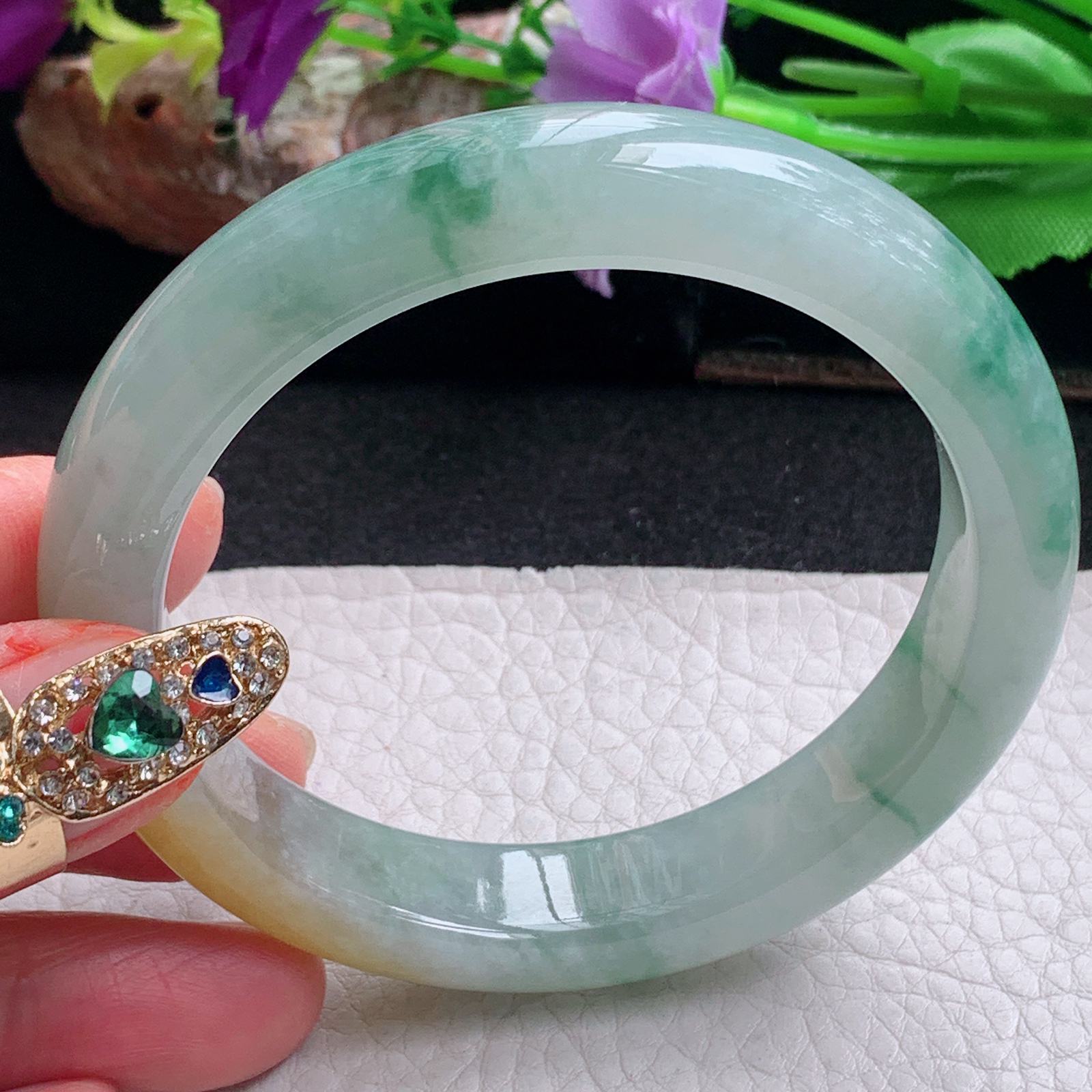 js实拍57*12*8.6平安镯 天然缅甸翡翠a货手镯冰三彩宽边正圈玉镯子