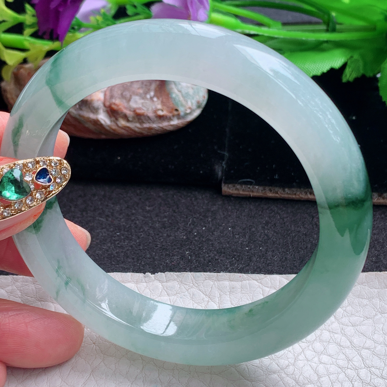 ll飘逸款58*12.5*9.5平安镯 天然缅甸翡翠a货手镯冰飘花厚装正圈玉镯子