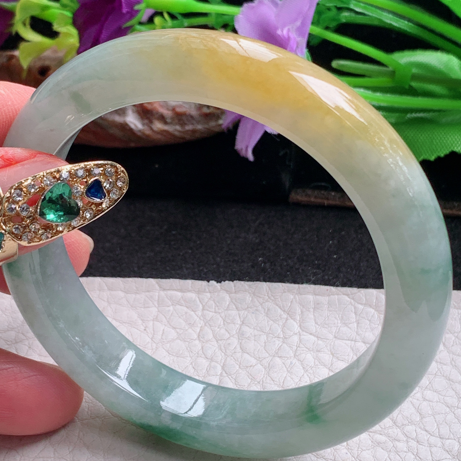 js实拍57*12*8.6平安镯 天然缅甸翡翠a货手镯冰三彩宽边正圈玉镯子