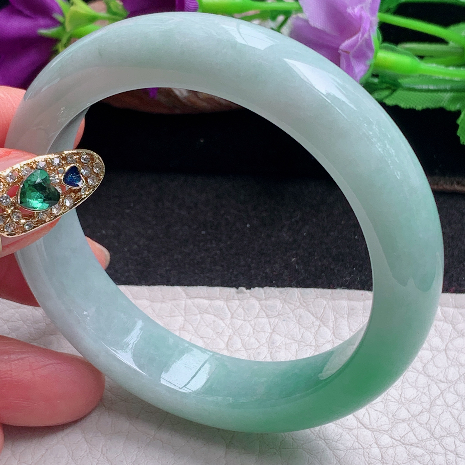 ll白底青54.5*13*8.3平安镯 天然缅甸翡翠a货手镯飘绿正圈玉镯子