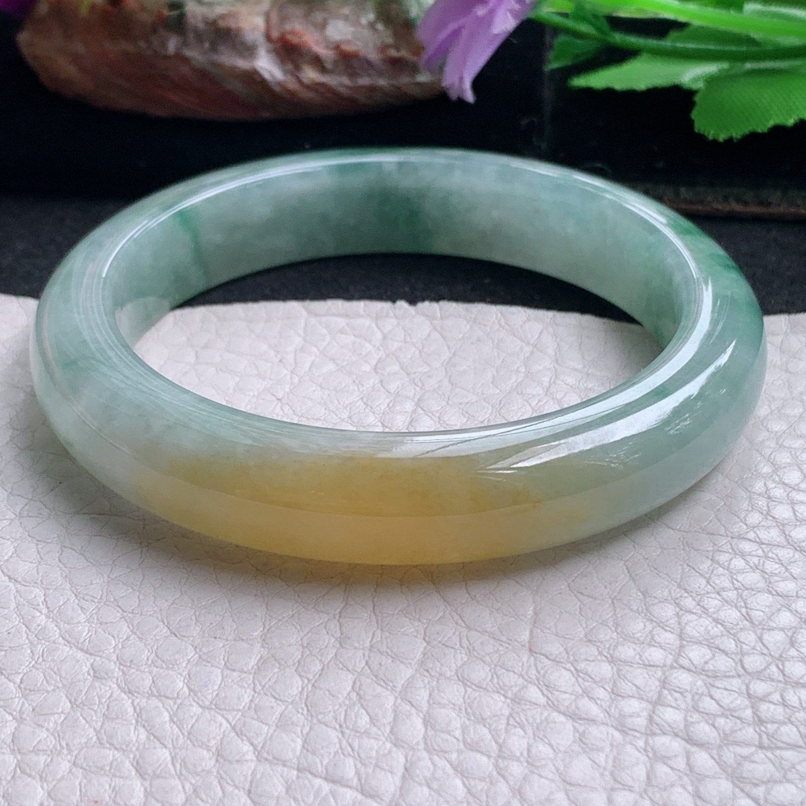 js实拍57*12*8.6平安镯 天然缅甸翡翠a货手镯冰三彩宽边正圈玉镯子